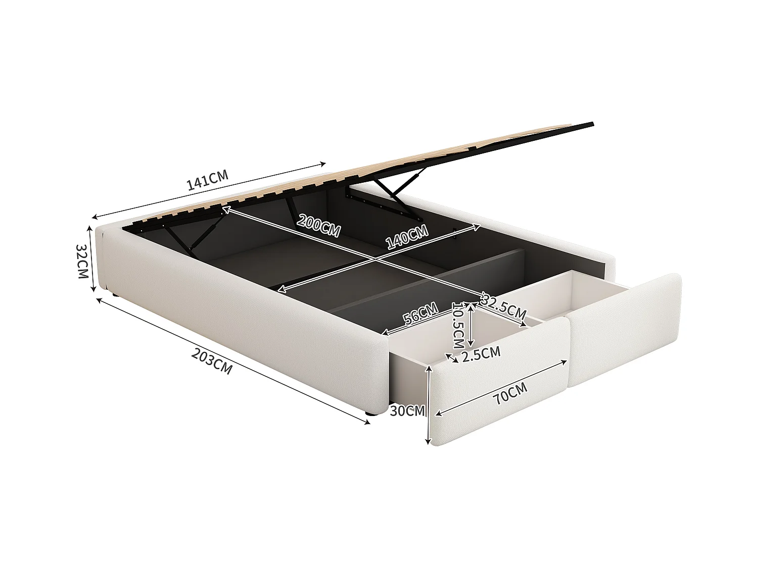 Lit plateforme 140x200 cm, sans tête de lit, avec rangement hydraulique et 2 tiroirs, tissu, blanc (203x141x32 cm)