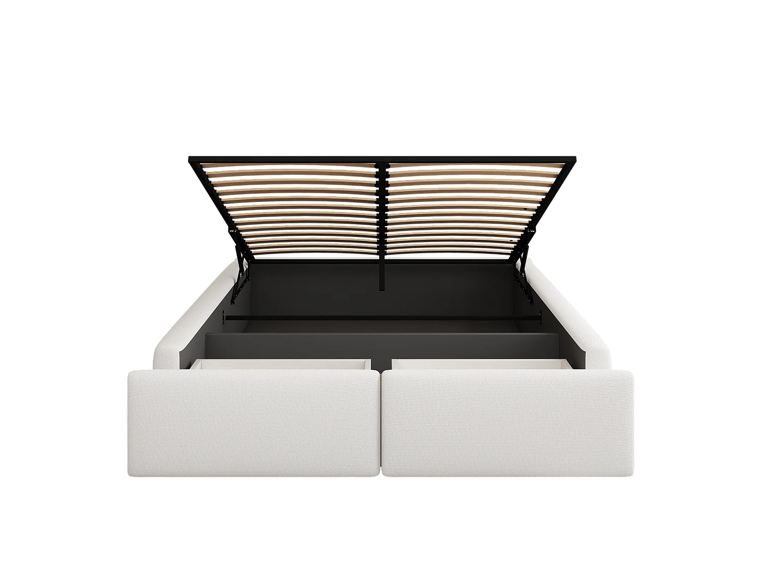 Lit plateforme 140x200 cm, sans tête de lit, avec rangement hydraulique et 2 tiroirs, tissu, blanc (203x141x32 cm)