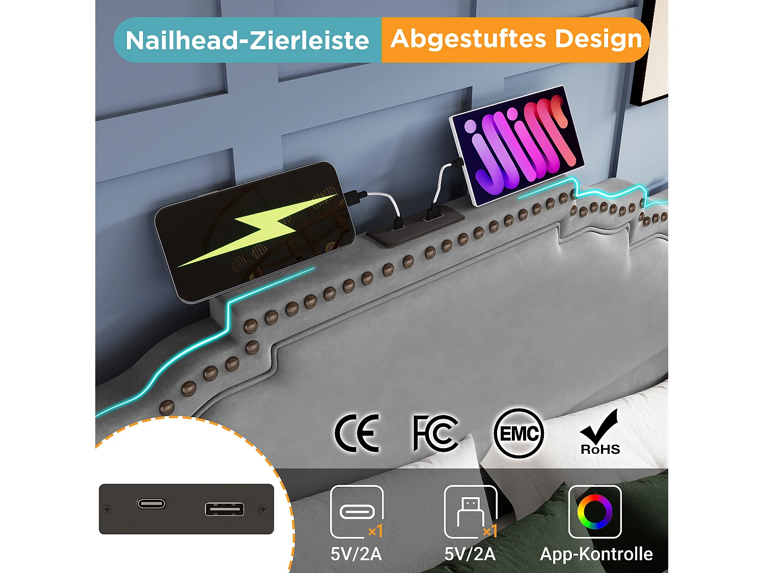 Bed 140x200, met 4 lades, LED en USB-C, Grijs fluweel, Opbergbed met lattenbodem (214x149x120 cm)