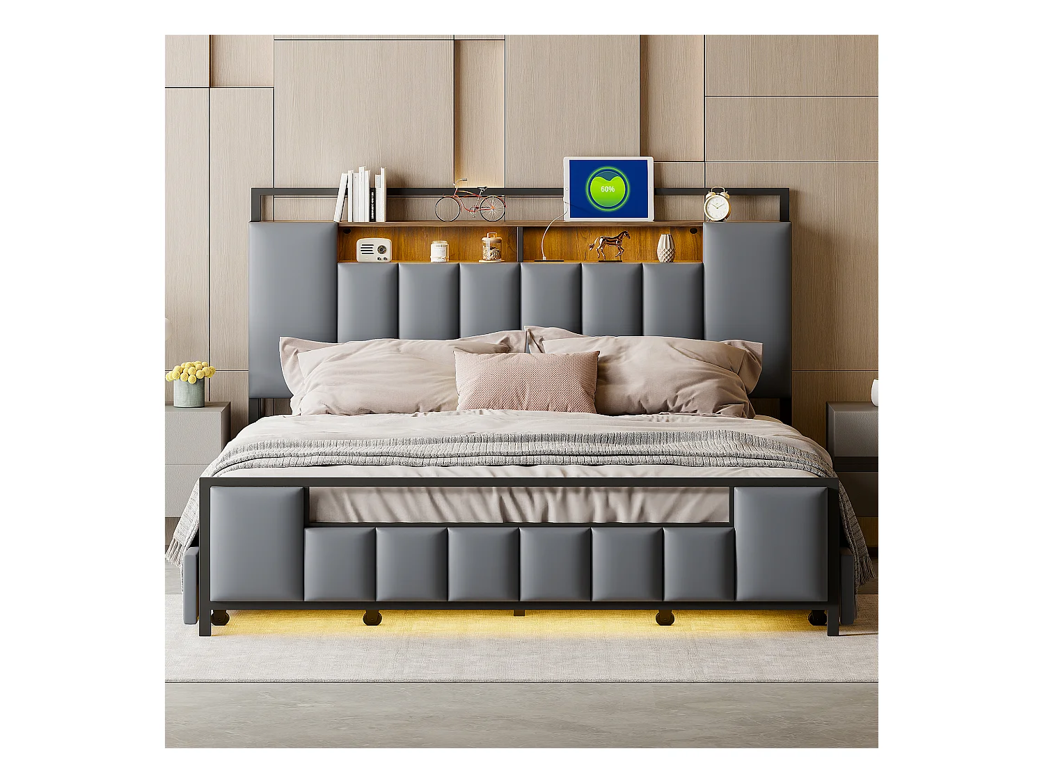 Lit rembourré multifonction 160x200 cm, cadre en fer massif, LED, prise USB, tiroirs, simili cuir gris (219x160x119.5 cm)
