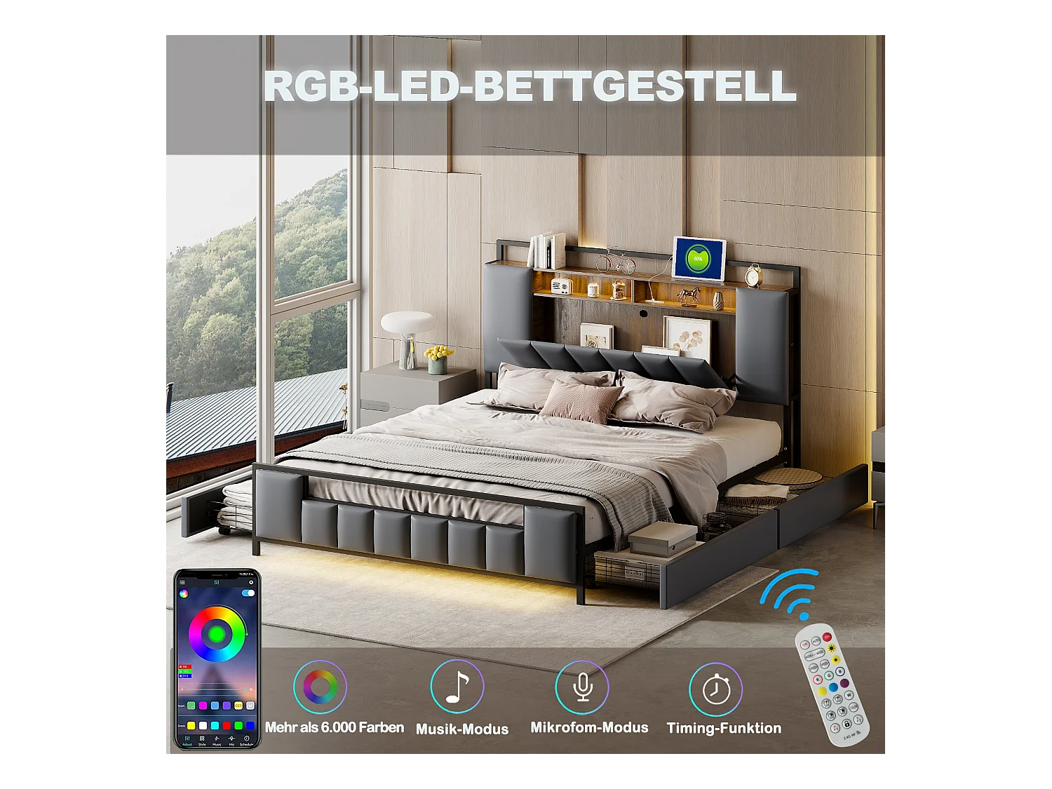 Lit rembourré multifonction 160x200 cm, cadre en fer massif, LED, prise USB, tiroirs, simili cuir gris (219x160x119.5 cm)