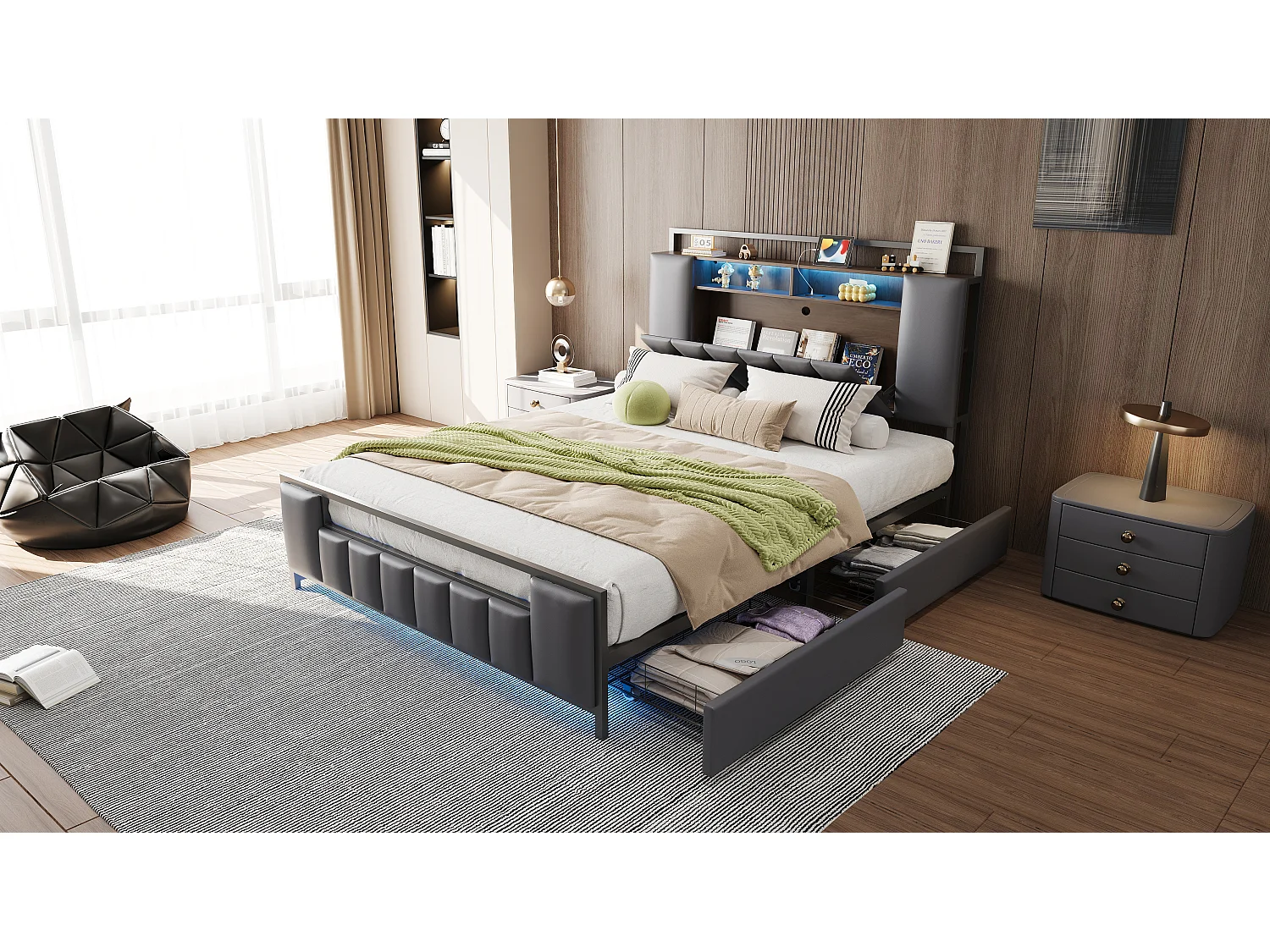 Lit rembourré multifonction 160x200 cm, cadre en fer massif, LED, prise USB, tiroirs, simili cuir gris (219x160x119.5 cm)