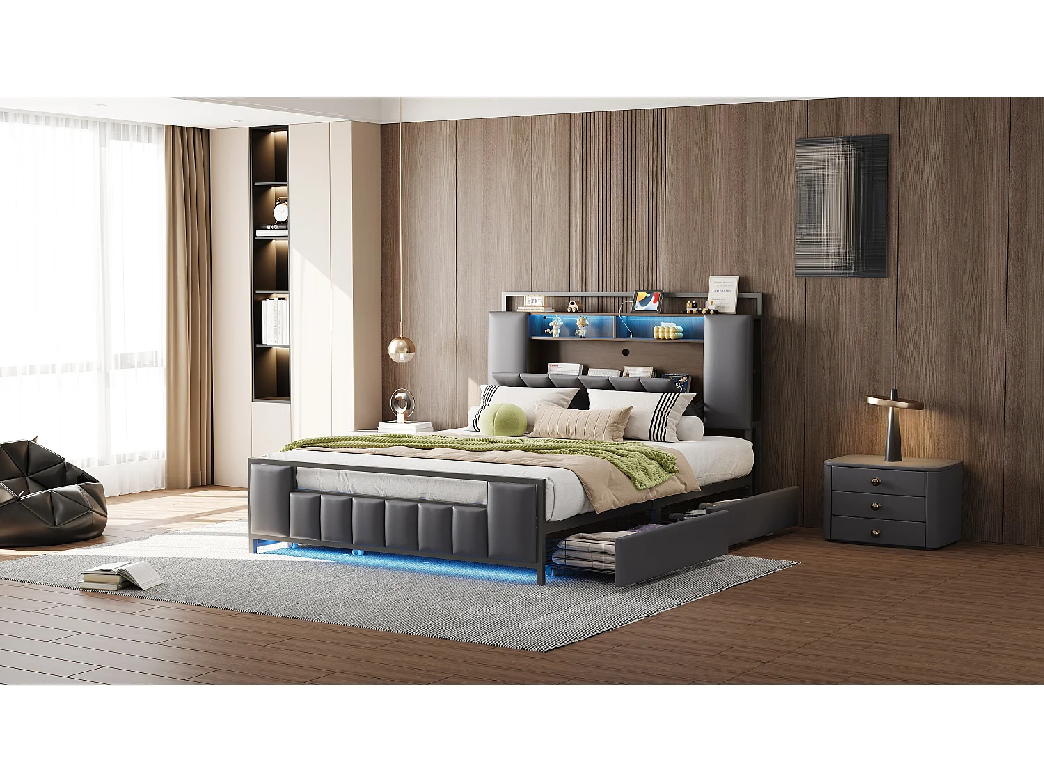 Lit rembourré multifonction 160x200 cm, cadre en fer massif, LED, prise USB, tiroirs, simili cuir gris (219x160x119.5 cm)