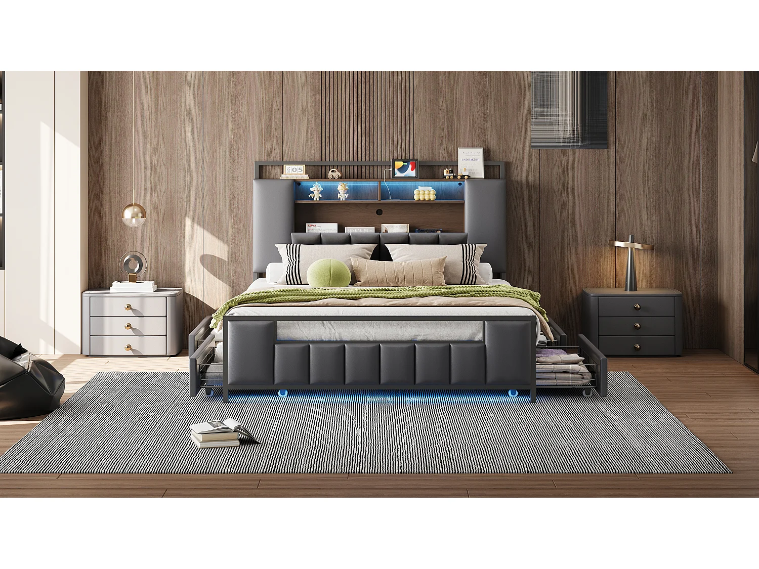 Lit rembourré multifonction 160x200 cm, cadre en fer massif, LED, prise USB, tiroirs, simili cuir gris (219x160x119.5 cm)