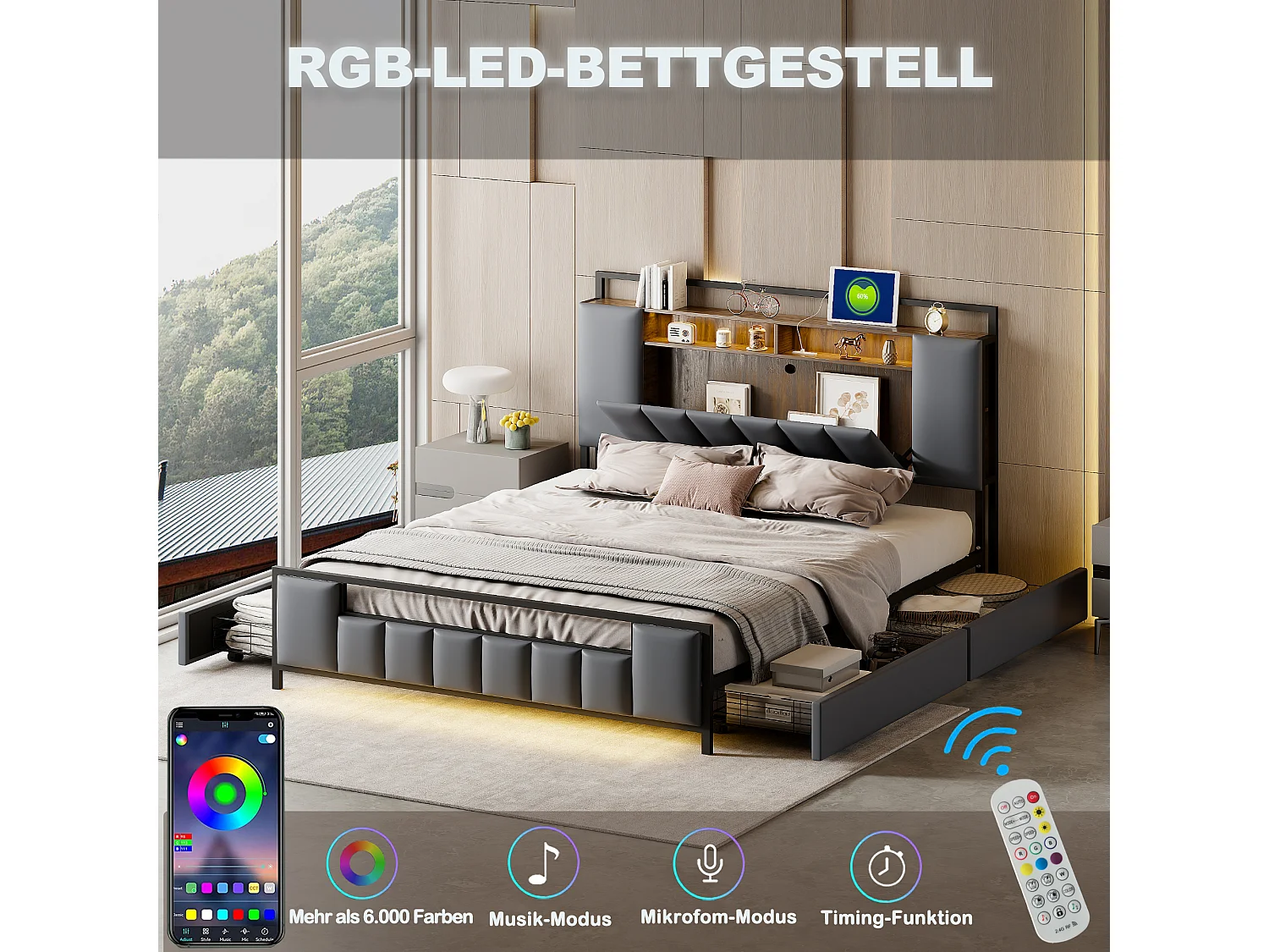 Letto imbottito multifunzionale 160x200 cm, struttura in ferro massiccio, LED, presa USB, cassetti, similpelle grigia (219x160x119,5 cm)