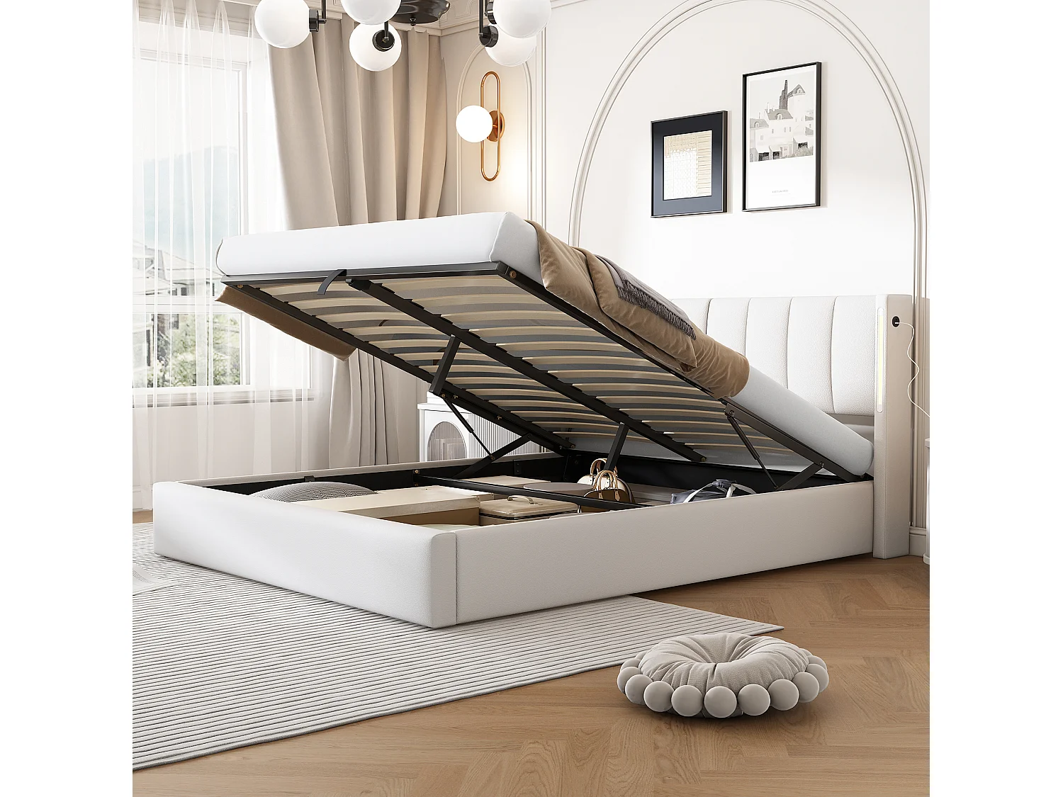 Letto LED multifunzione 140x200 cm, idraulico, ricaricabile tramite USB, illuminazione LED, contenitore, testiera regolabile, PU, bianco