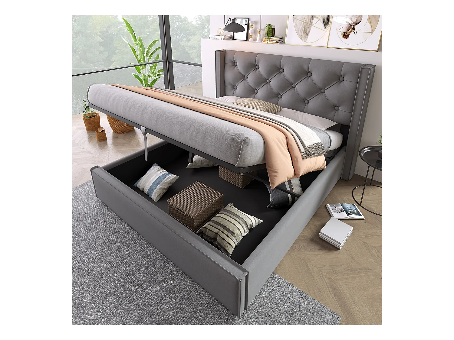 Letto matrimoniale idraulico con contenitore, struttura in cotone grigio, base in metallo (203x171x110cm)