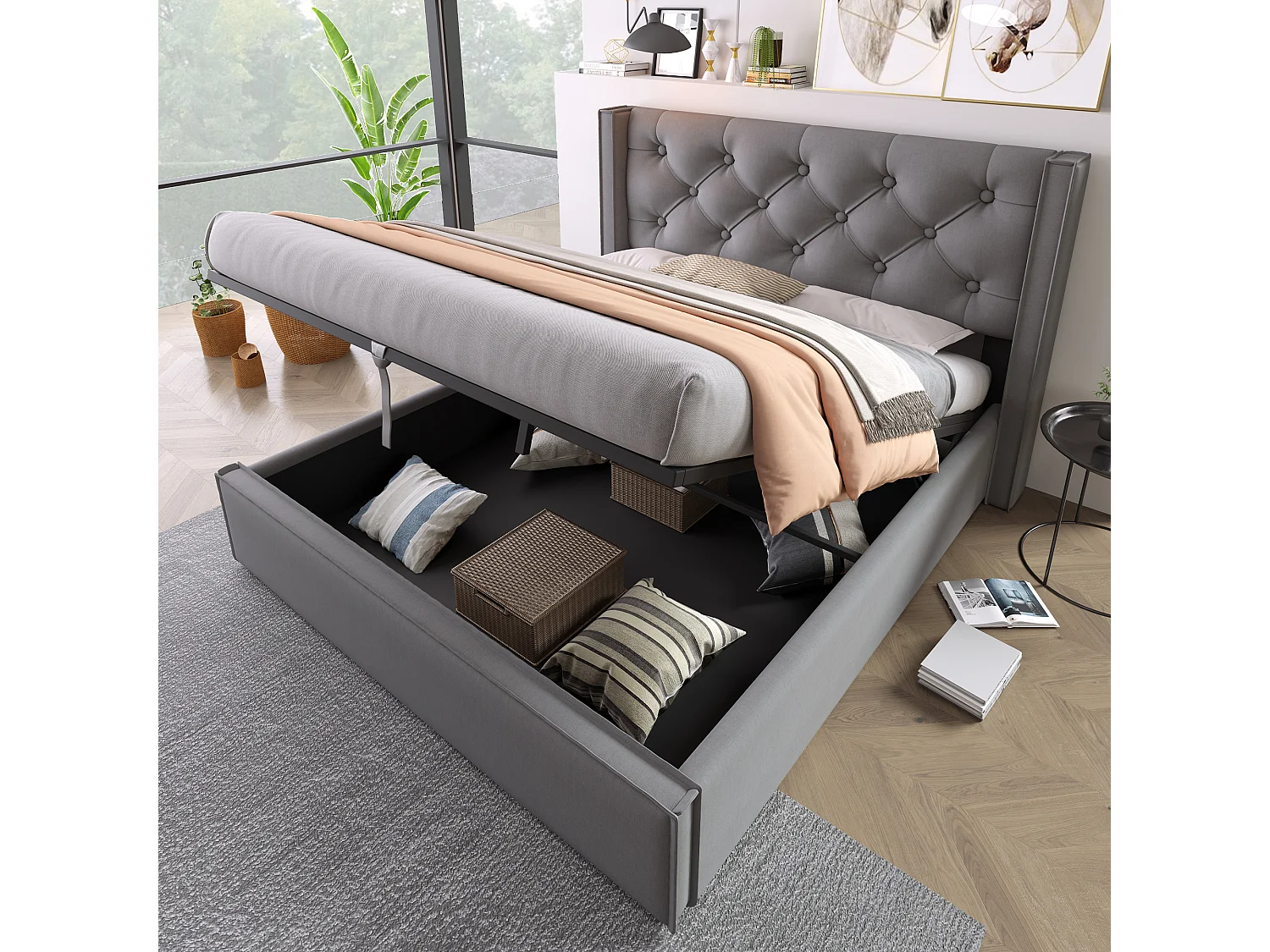 Lit double hydraulique avec rangement, cadre en coton gris, sommier métallique (203x171x110cm)