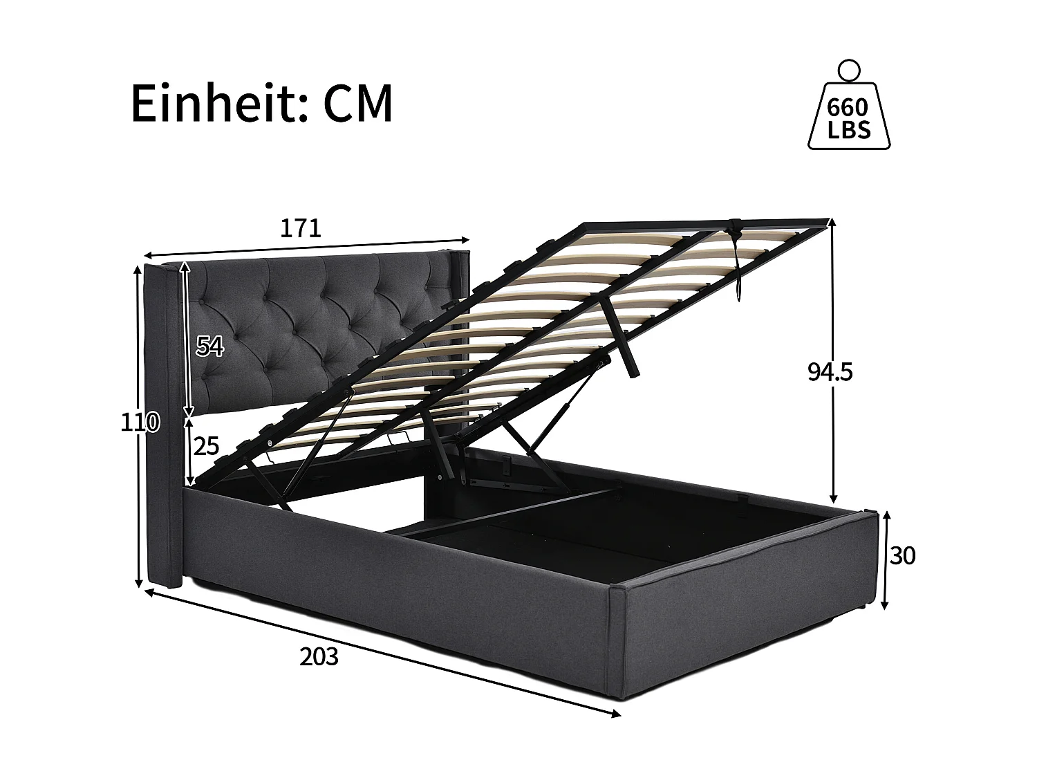 Lit double hydraulique avec rangement, cadre en coton gris, sommier métallique (203x171x110cm)