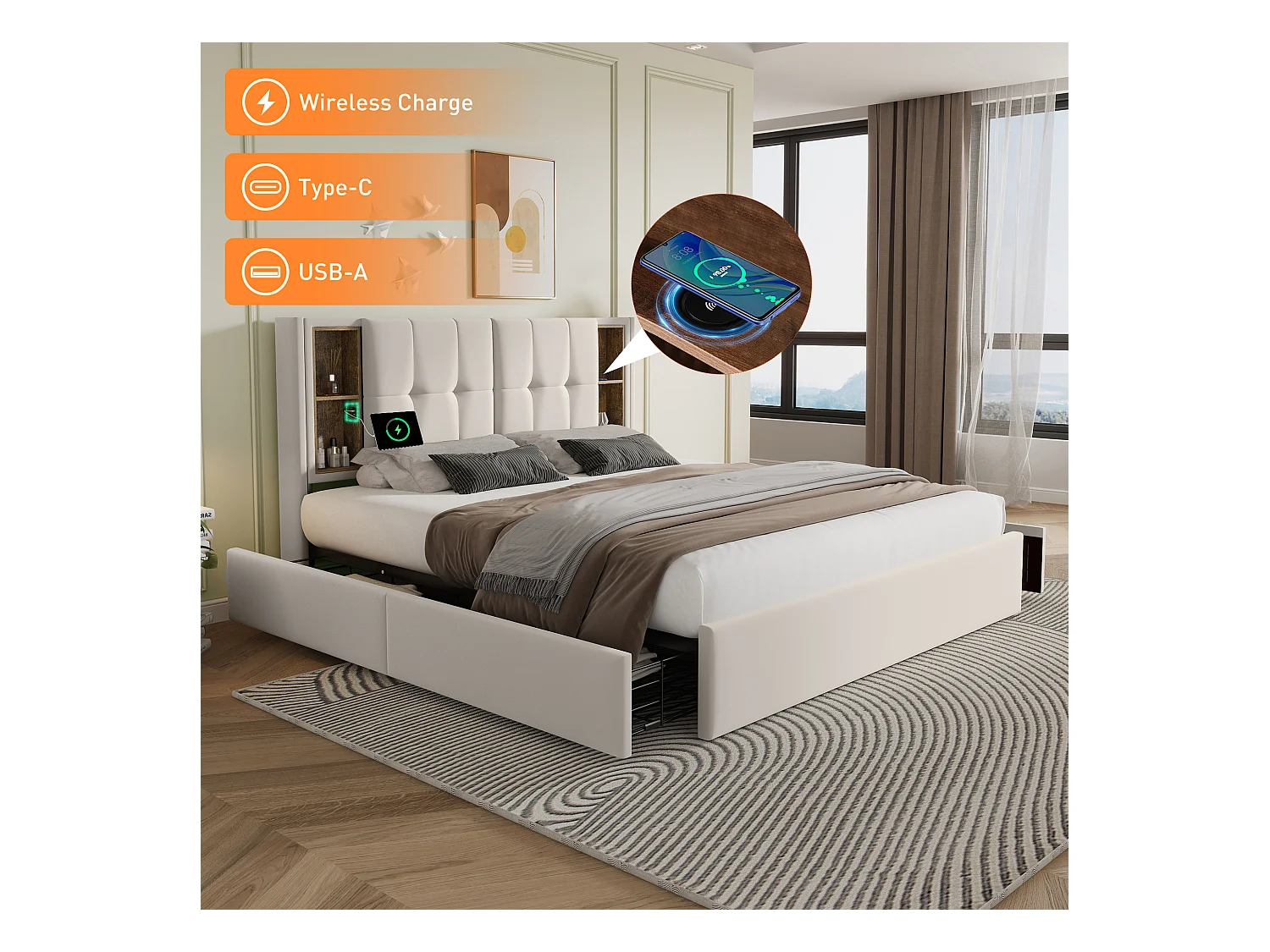 Lit double avec charge sans fil USB C & 4 tiroirs, cadre capitonné en lin, 160x200 cm (213x165x103 cm)