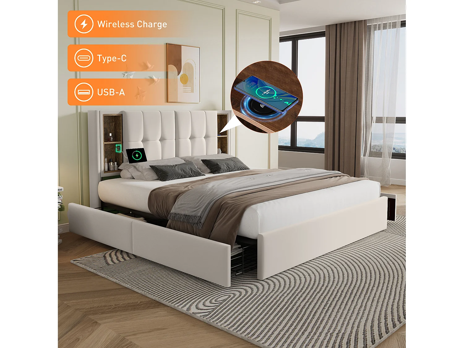 Lit double avec charge sans fil USB C & 4 tiroirs, cadre capitonné en lin, 160x200 cm (213x165x103 cm)