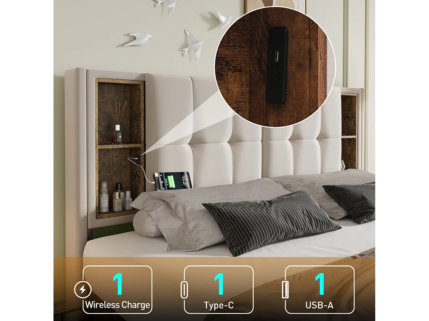 Lit double avec charge sans fil USB C & 4 tiroirs, cadre capitonné en lin, 160x200 cm (213x165x103 cm)