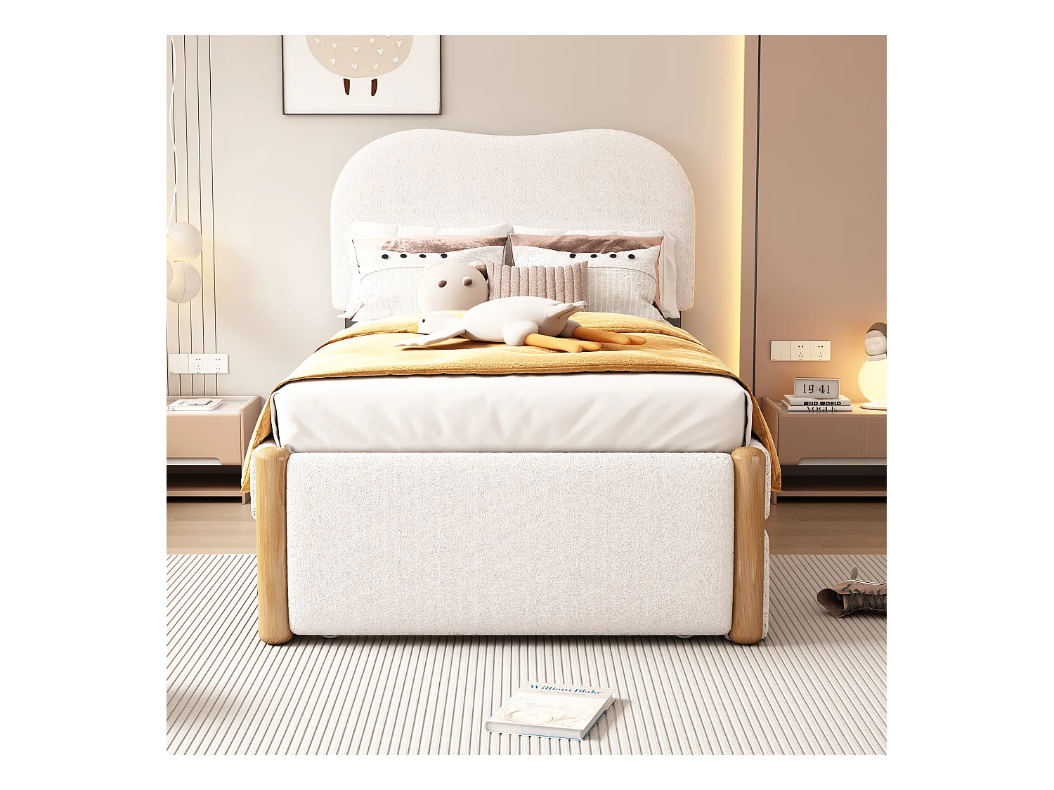 Lit plat 90x200 cm, avec lit gigogne pratique, design minimaliste, en velours, blanc (212x95x119 cm)