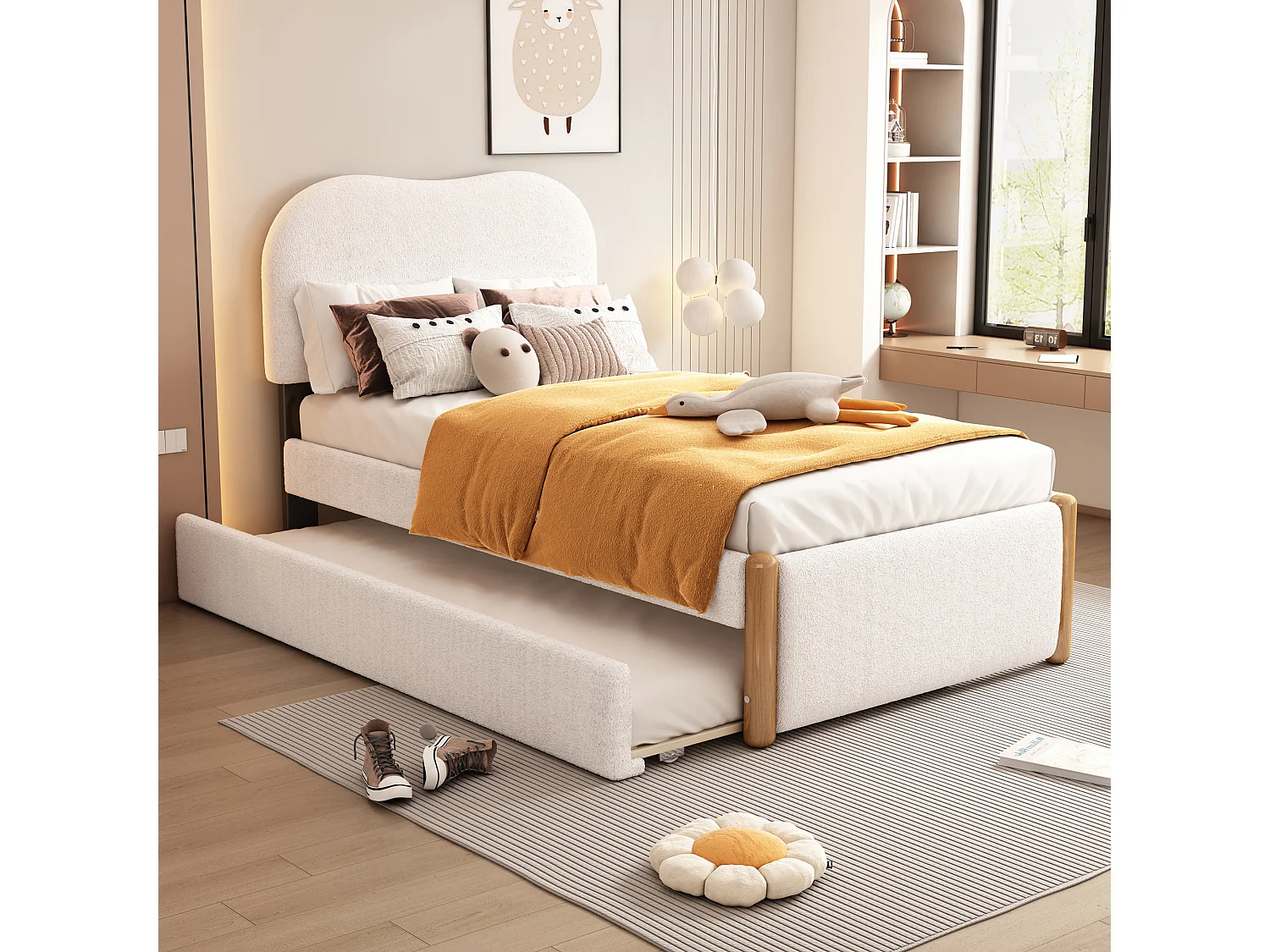 Vlak bed 90x200 cm, met praktisch uitschuifbed, minimalistisch design, in fluweel, wit (212x95x119 cm)