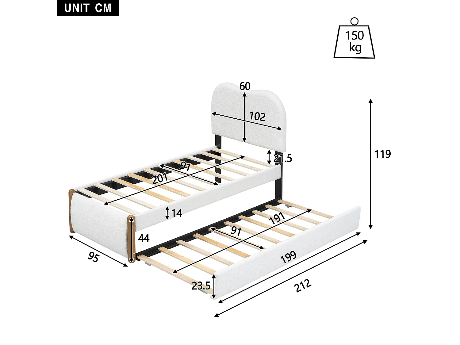 Vlak bed 90x200 cm, met praktisch uitschuifbed, minimalistisch design, in fluweel, wit (212x95x119 cm)