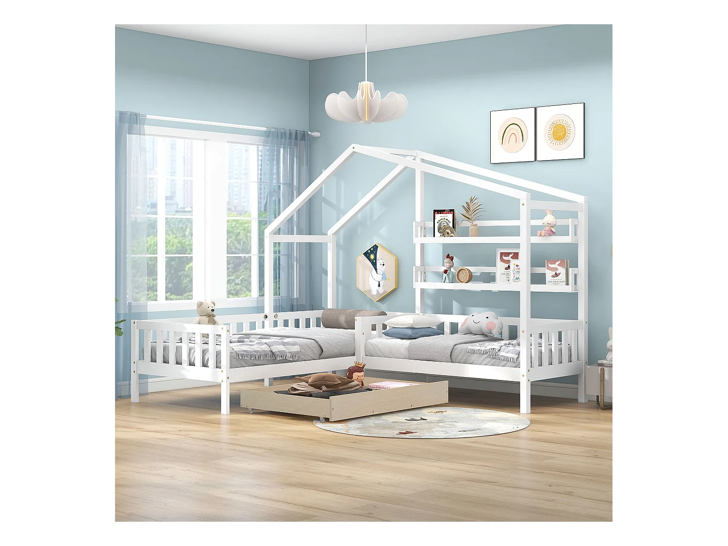 Cama infantil en forma de casa con cajones y estantes, estructura de madera maciza, color blanco (243x209x183 cm)