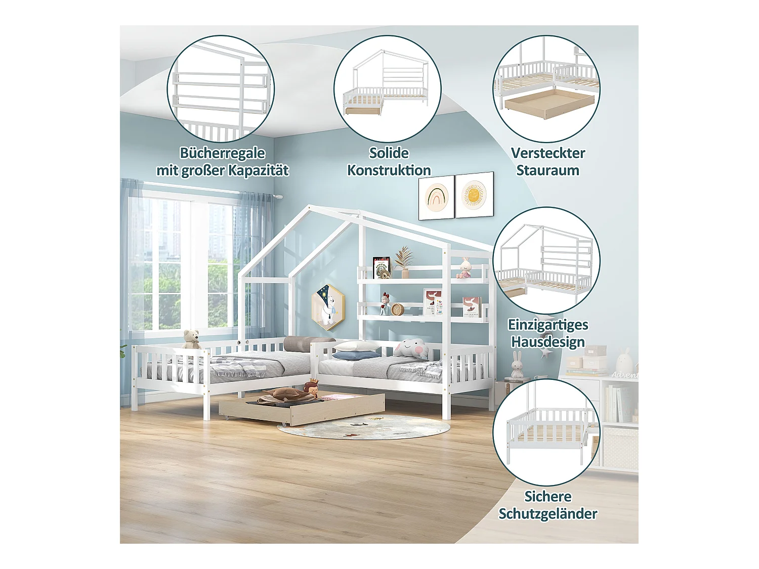 Cama infantil en forma de casa con cajones y estantes, estructura de madera maciza, color blanco (243x209x183 cm)