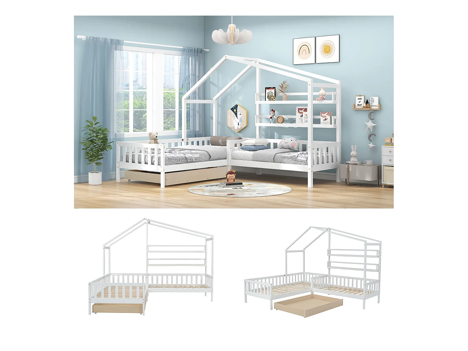 Cama infantil en forma de casa con cajones y estantes, estructura de madera maciza, color blanco (243x209x183 cm)