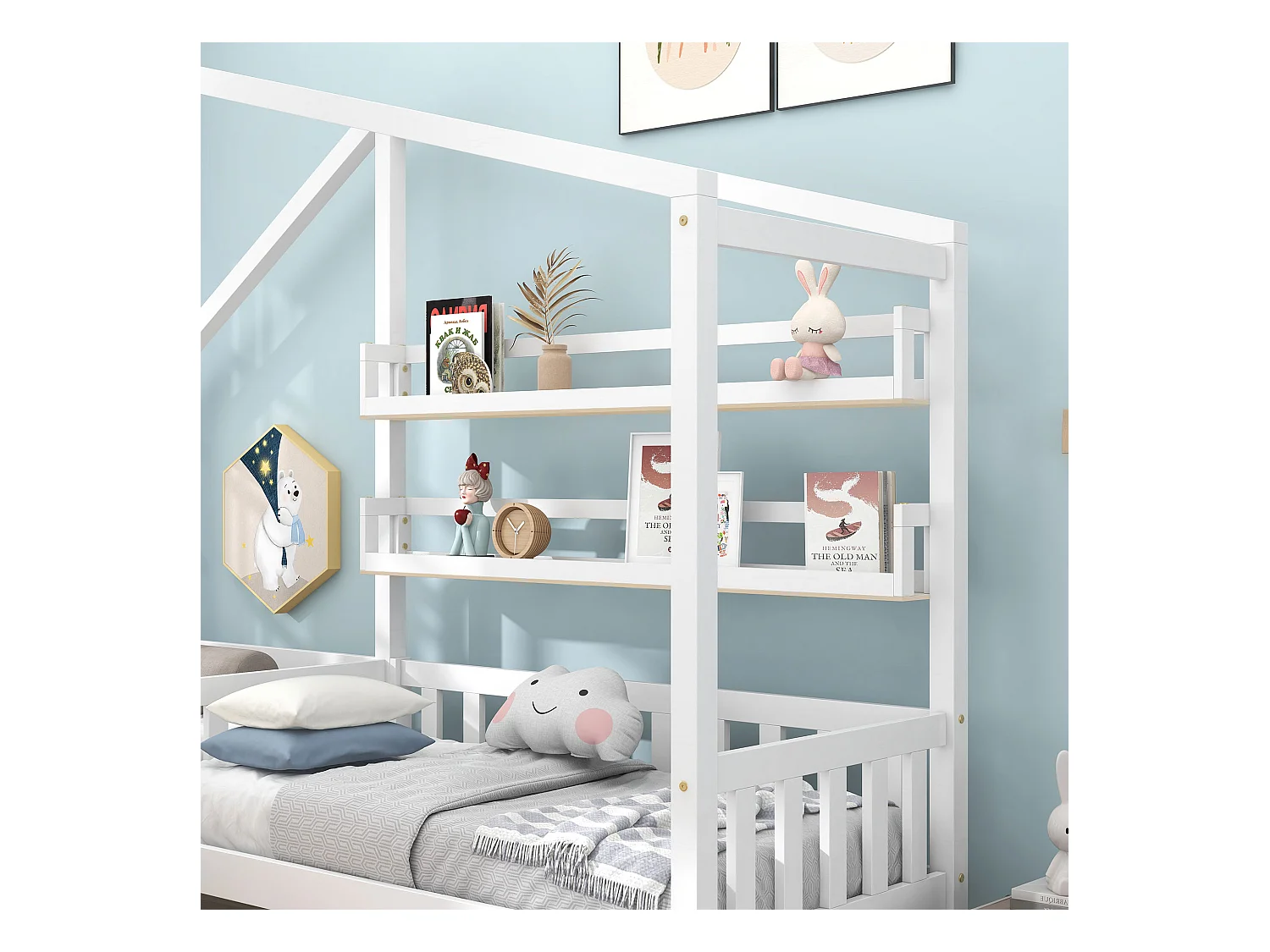 Cama infantil en forma de casa con cajones y estantes, estructura de madera maciza, color blanco (243x209x183 cm)