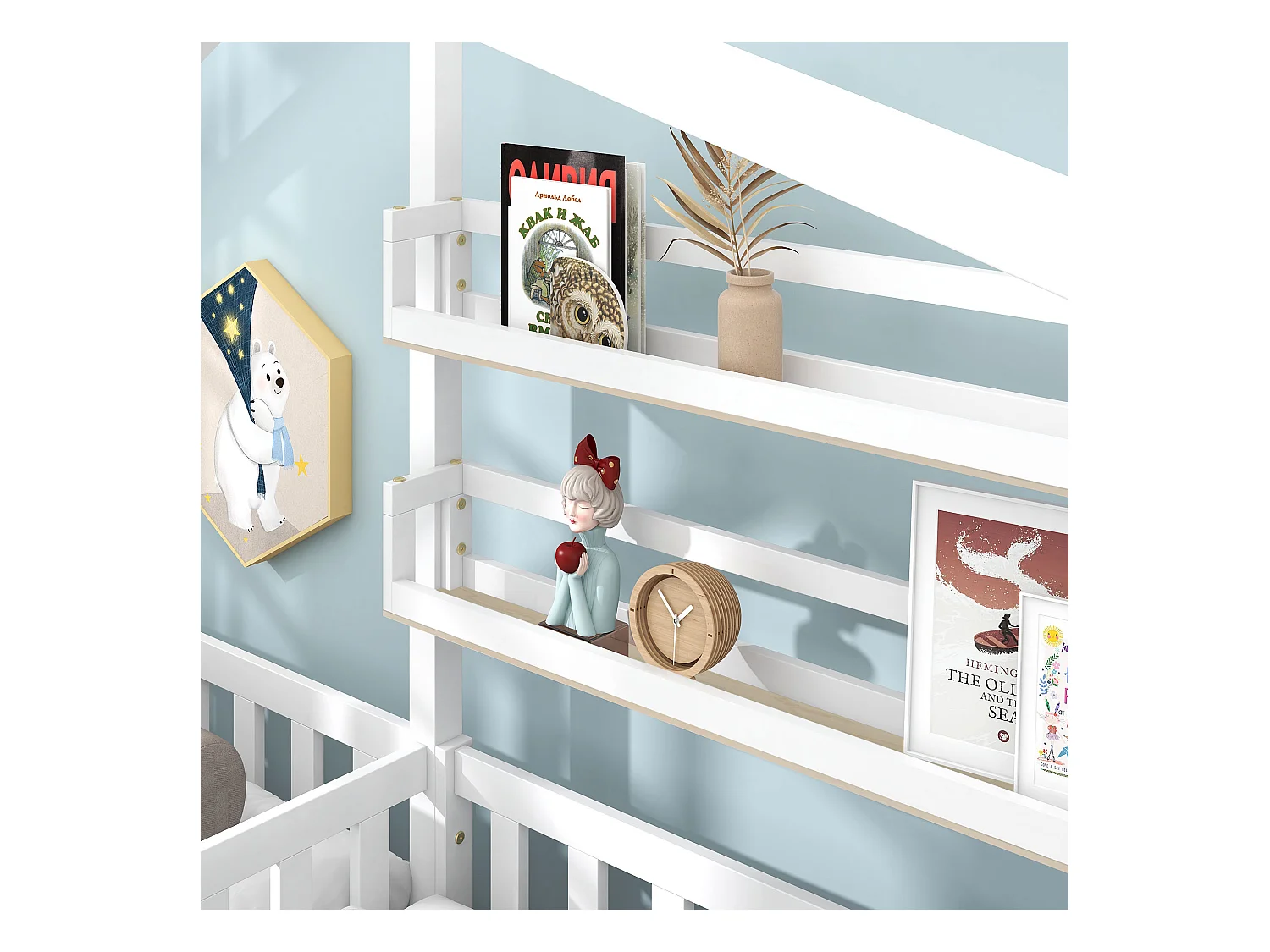 Cama infantil en forma de casa con cajones y estantes, estructura de madera maciza, color blanco (243x209x183 cm)