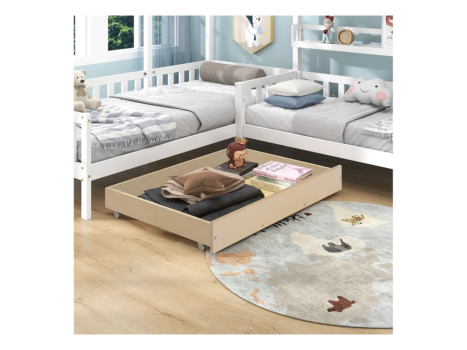 Cama infantil en forma de casa con cajones y estantes, estructura de madera maciza, color blanco (243x209x183 cm)