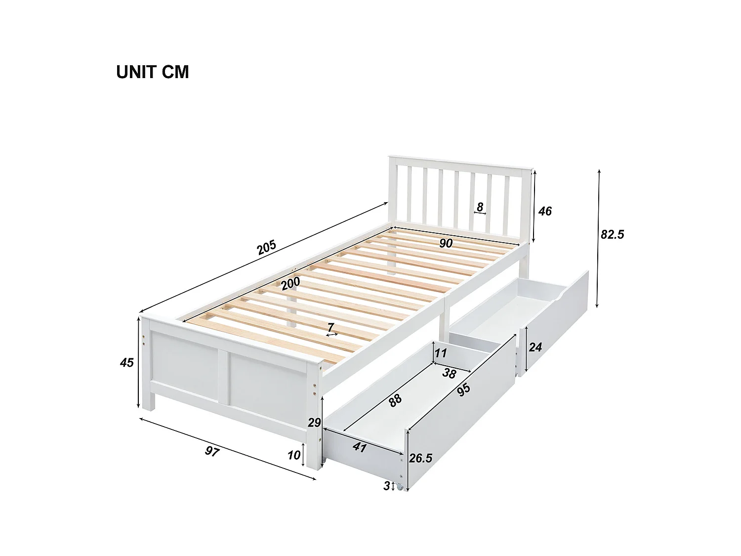Lit individuel avec tiroirs de rangement, cadre en bois massif, blanc (200x90cm)
