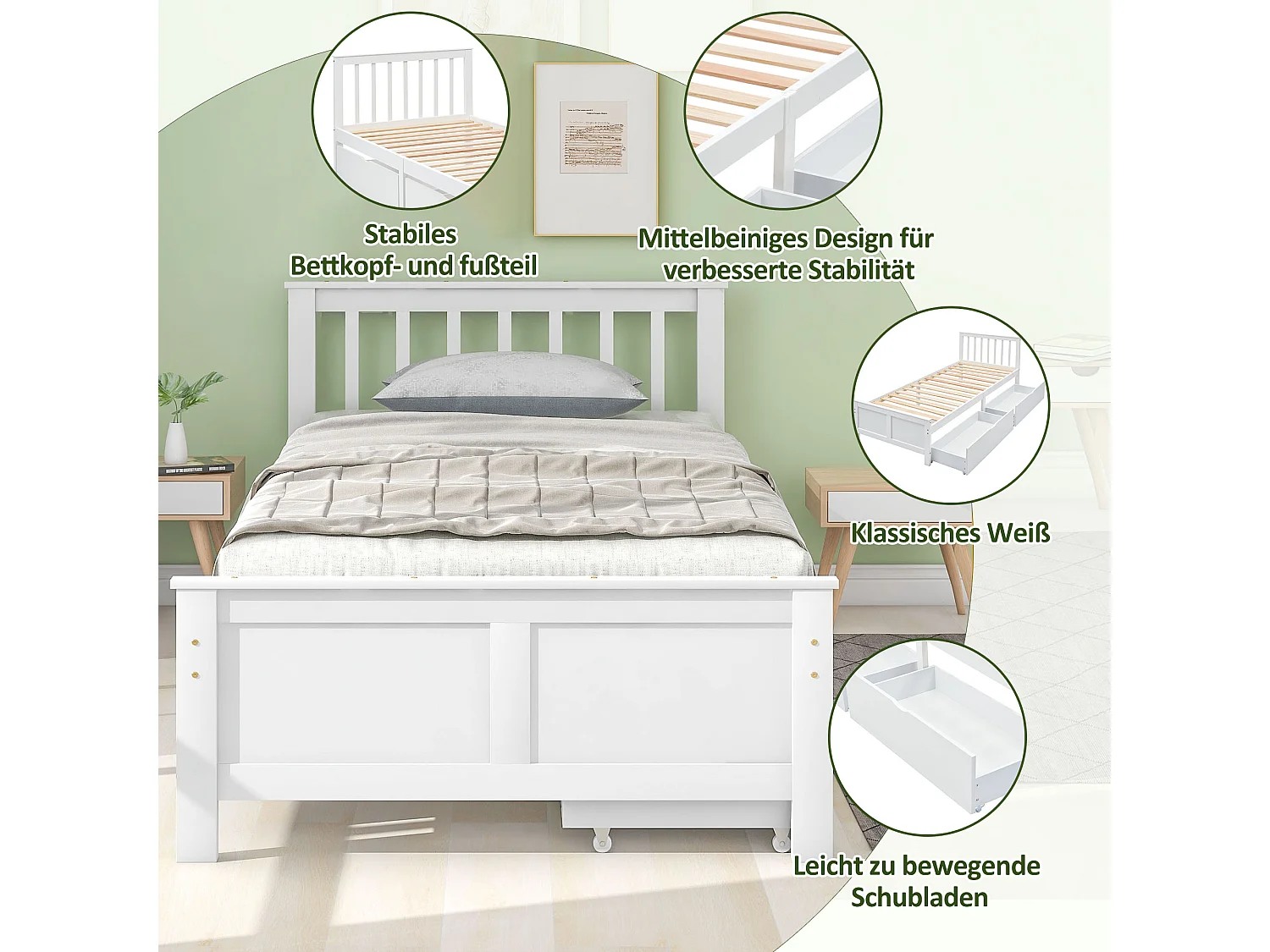 Letto singolo con cassetti contenitore, struttura in legno massello, bianco (200x90cm)