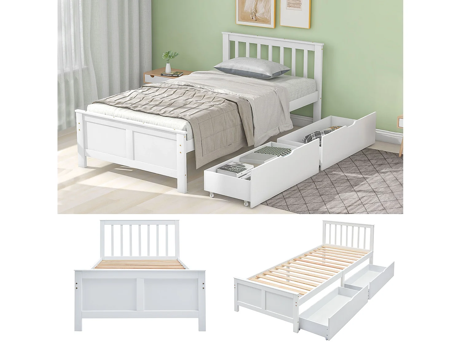 Letto singolo con cassetti contenitore, struttura in legno massello, bianco (200x90cm)