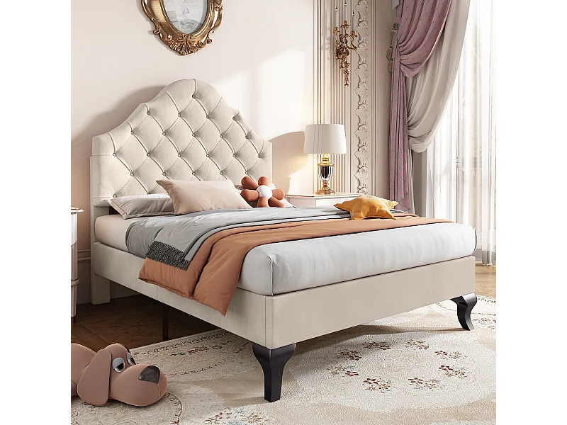 Letto imbottito 90x200 cm con rete a doghe e testiera regolabile, per adulti e ragazzi, velluto, beige (90x200 cm)