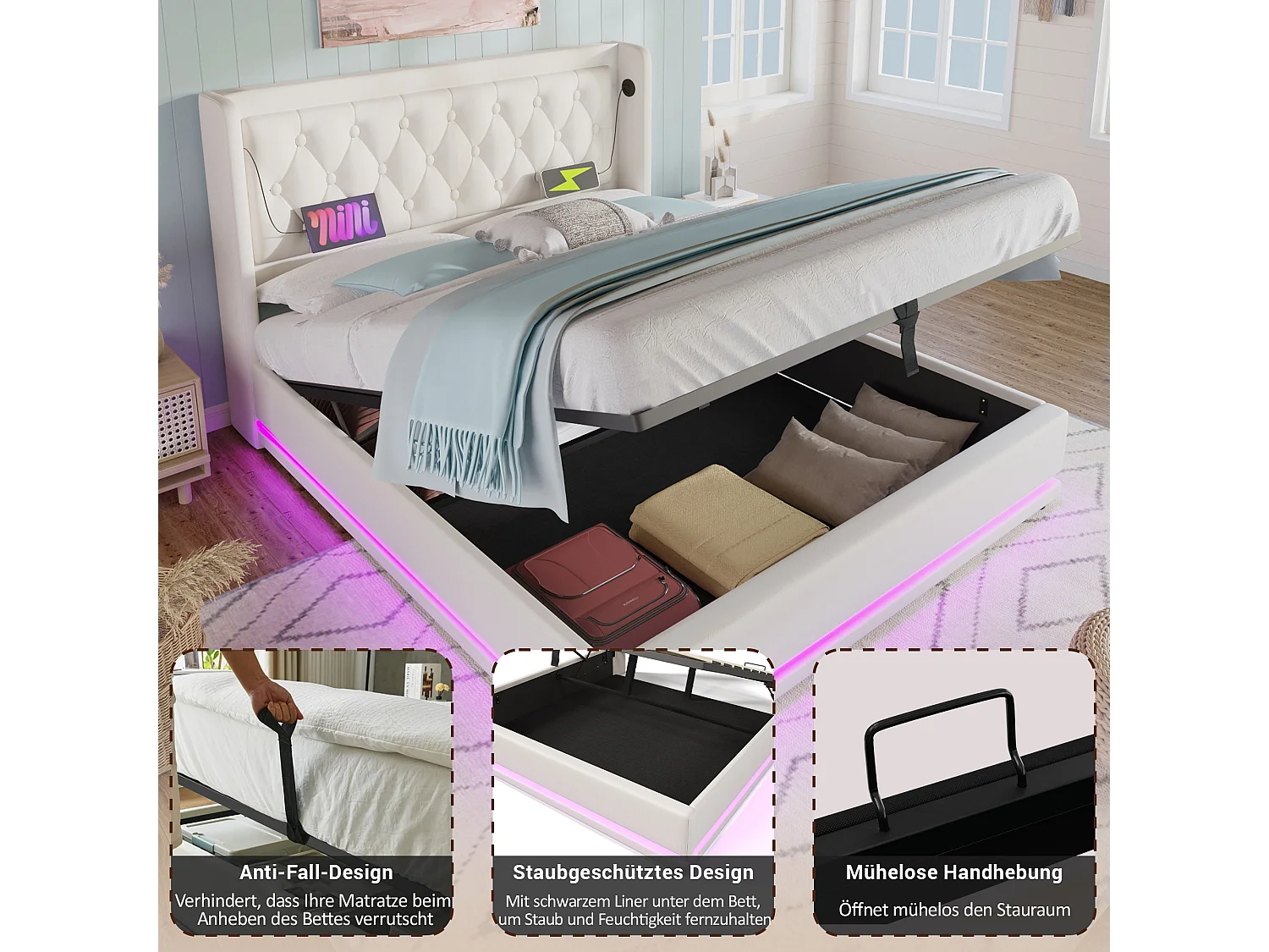 Letto matrimoniale 180x200, con contenitore idraulico, testiera con USB e illuminazione a LED, PU bianco (210x190x101 cm)