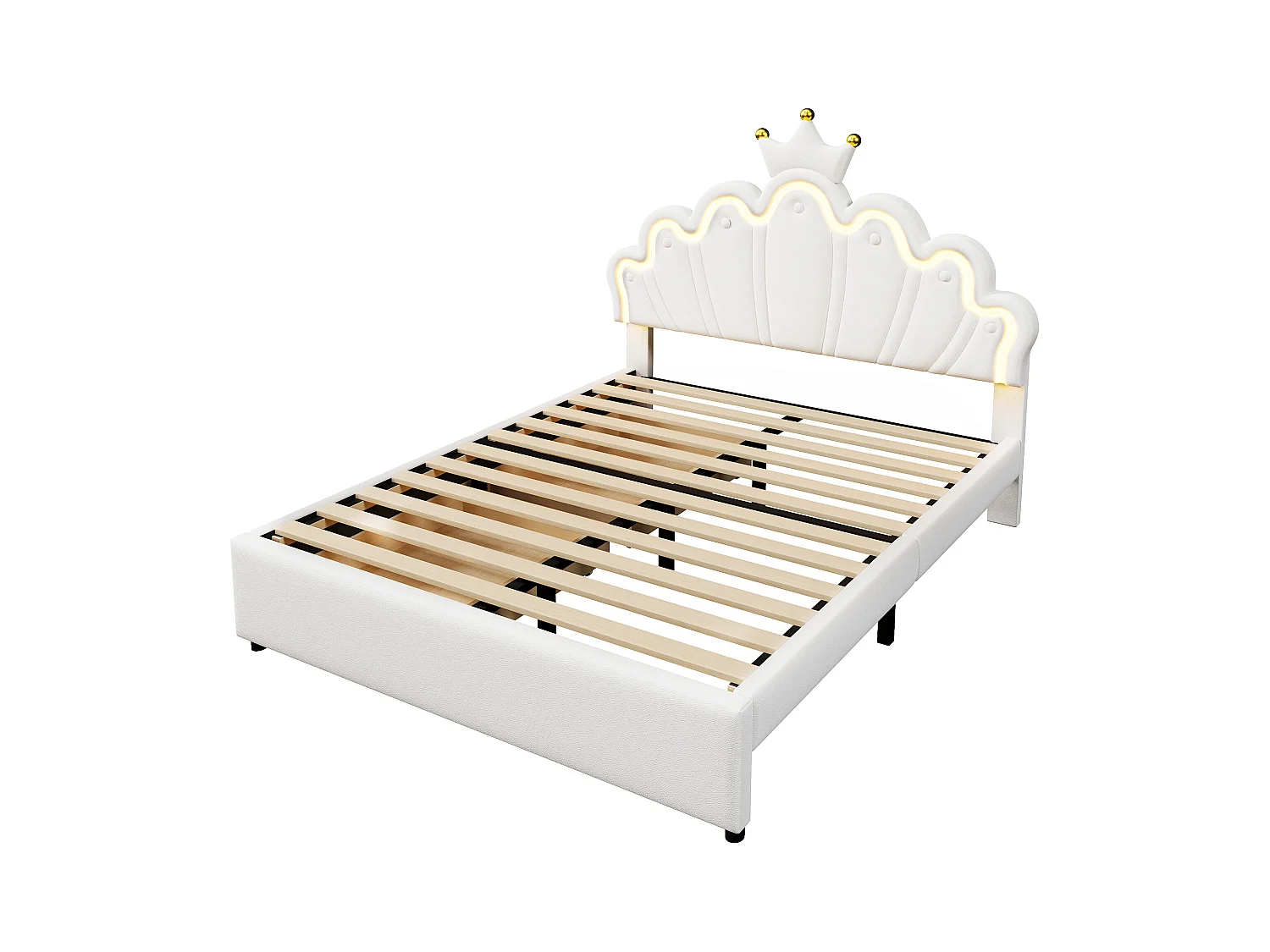 Cama princesa 140x200cm, con iluminación ambiental con mando a distancia, 2 cajones, cabecero tapizado, PU, blanco (203,5x143x131 cm)