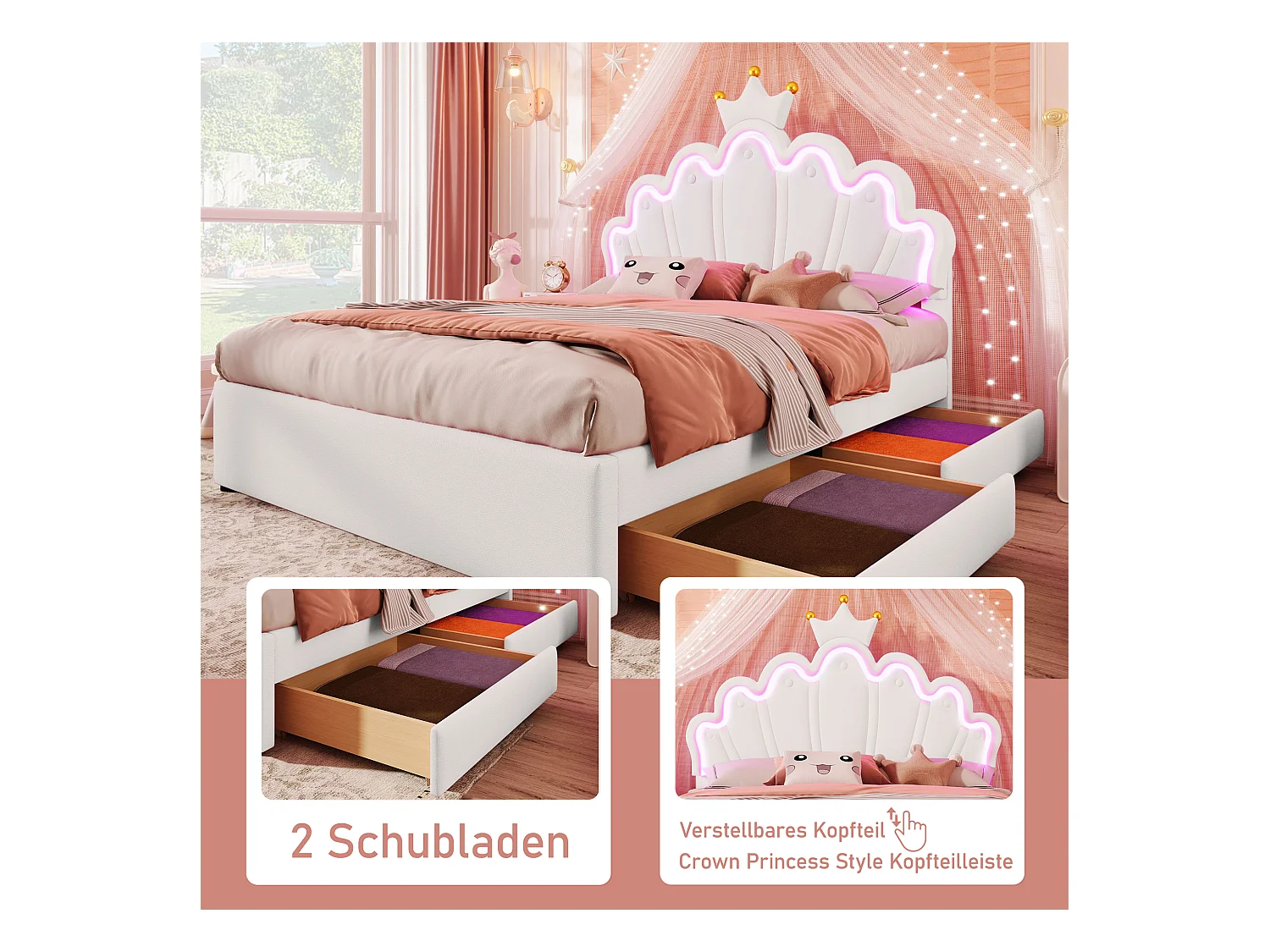 Cama princesa 140x200cm, con iluminación ambiental con mando a distancia, 2 cajones, cabecero tapizado, PU, blanco (203,5x143x131 cm)