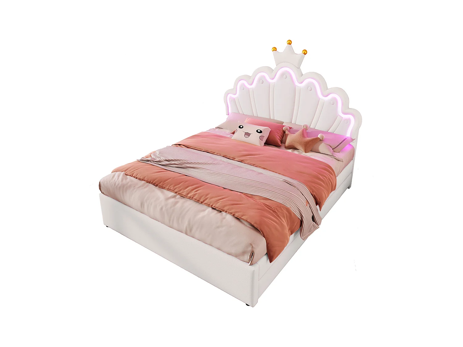 Cama princesa 140x200cm, con iluminación ambiental con mando a distancia, 2 cajones, cabecero tapizado, PU, blanco (203,5x143x131 cm)