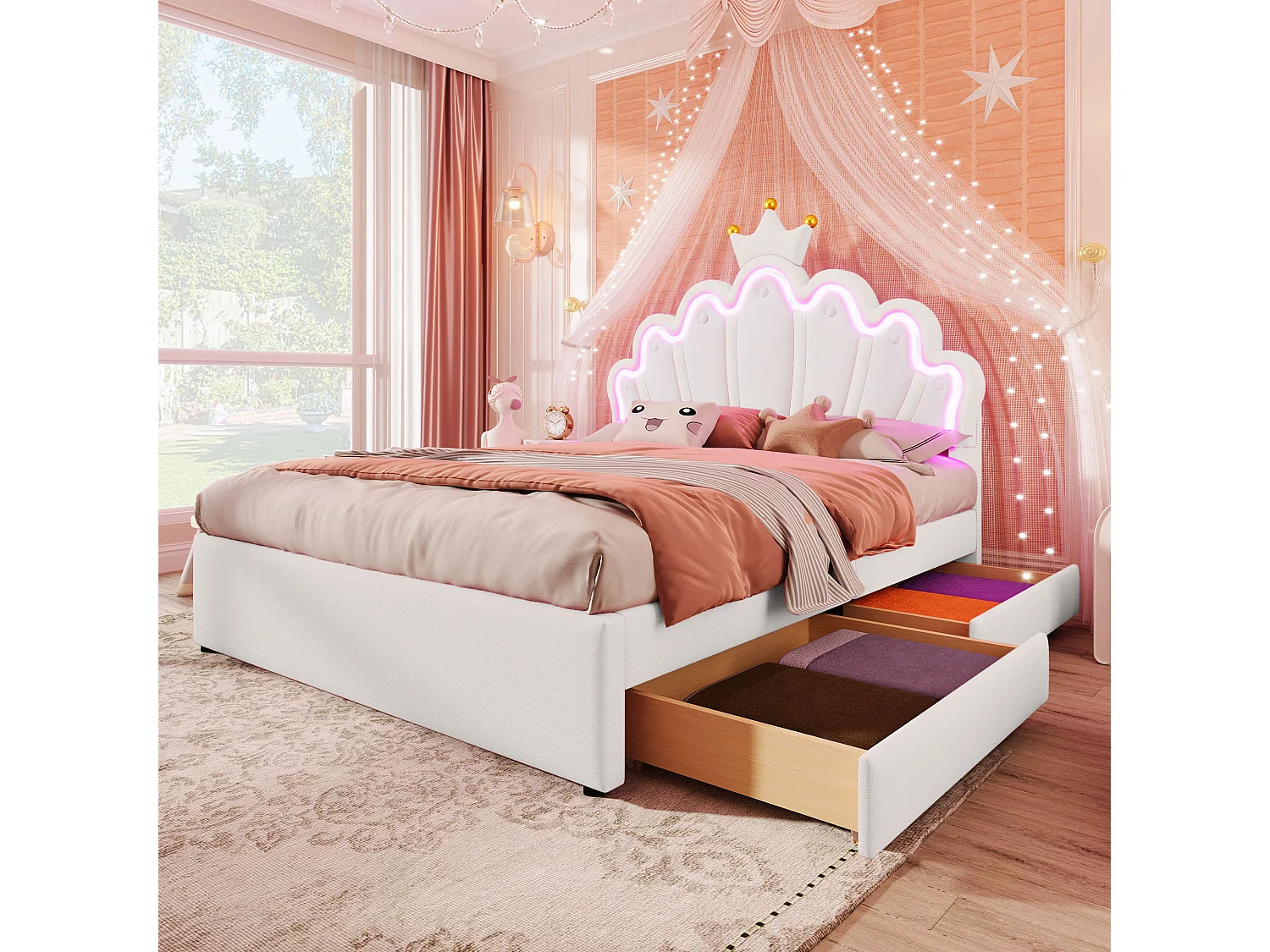 Letto principessa 140x200cm, con illuminazione ambientale telecomandata, 2 cassetti, testiera imbottita, PU, bianco (203,5x143x131 cm)