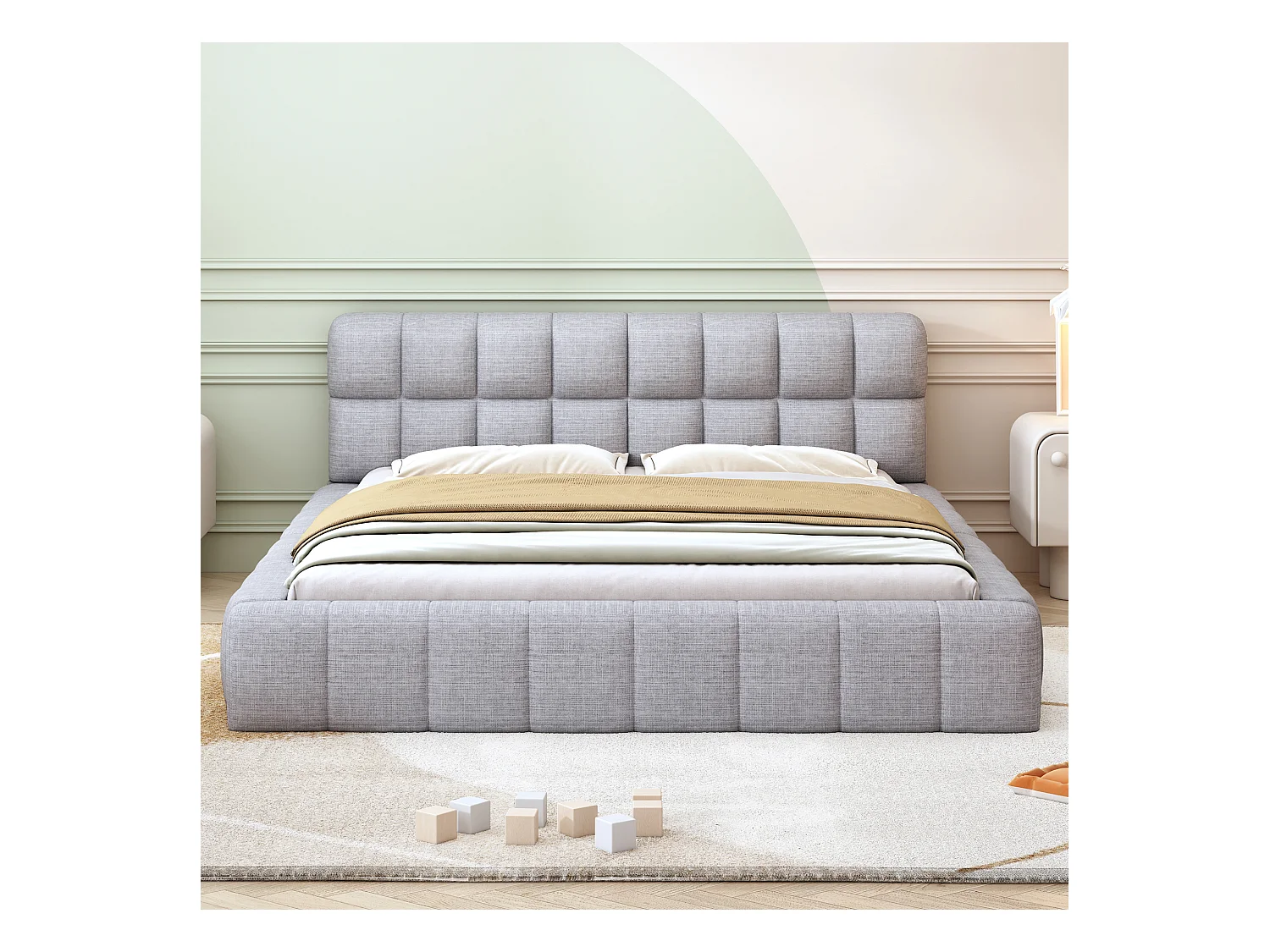 Bed 140x200cm, tweepersoonsbed met gestoffeerde rugleuning, gestoffeerd frame, lattenbodem, grijs linnen (216,5x155x66cm)