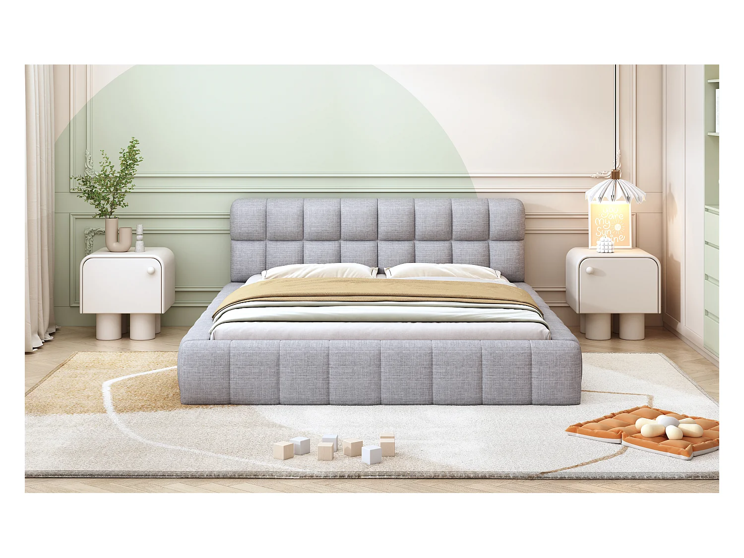 Bed 140x200cm, tweepersoonsbed met gestoffeerde rugleuning, gestoffeerd frame, lattenbodem, grijs linnen (216,5x155x66cm)