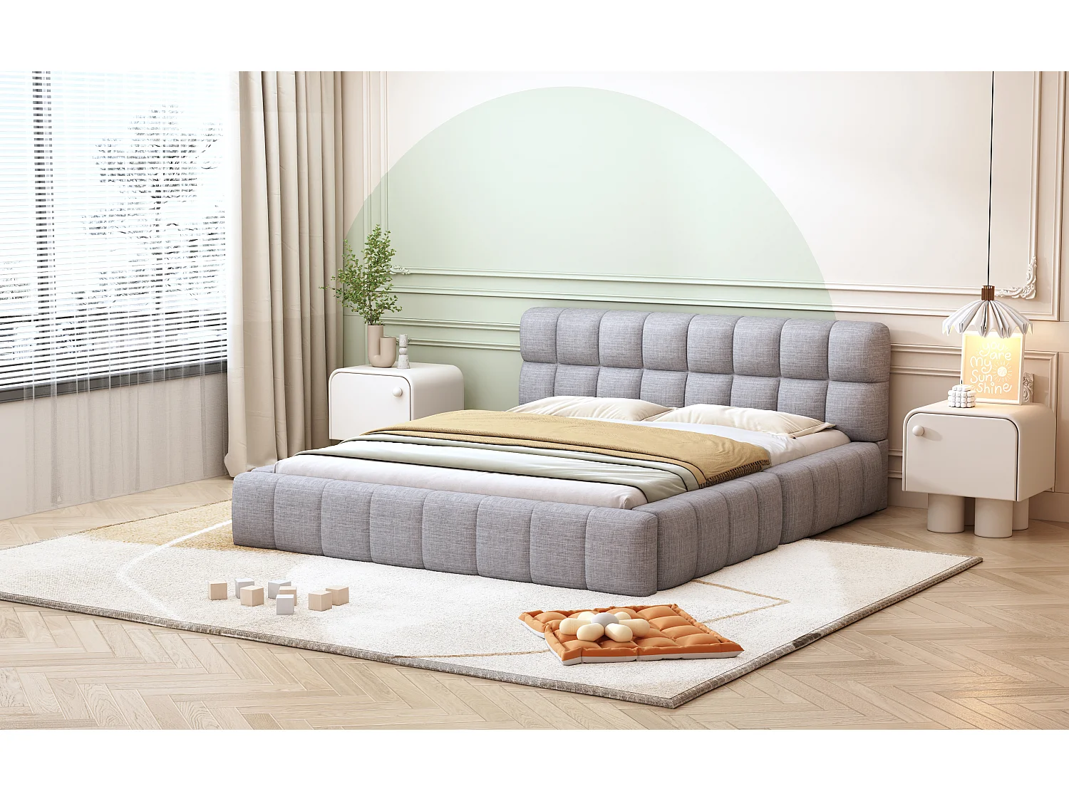 Bed 140x200cm, tweepersoonsbed met gestoffeerde rugleuning, gestoffeerd frame, lattenbodem, grijs linnen (216,5x155x66cm)