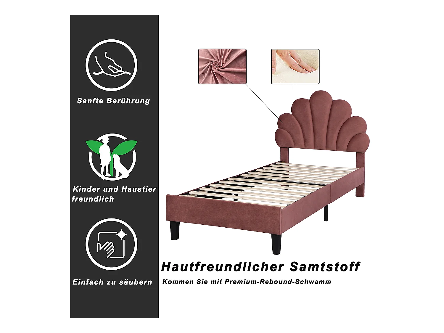 Cama infantil 90x200 cm, estructura con cabecero en forma de flor, en suave terciopelo, color rojo frijol (207,5x95x107,5 cm)