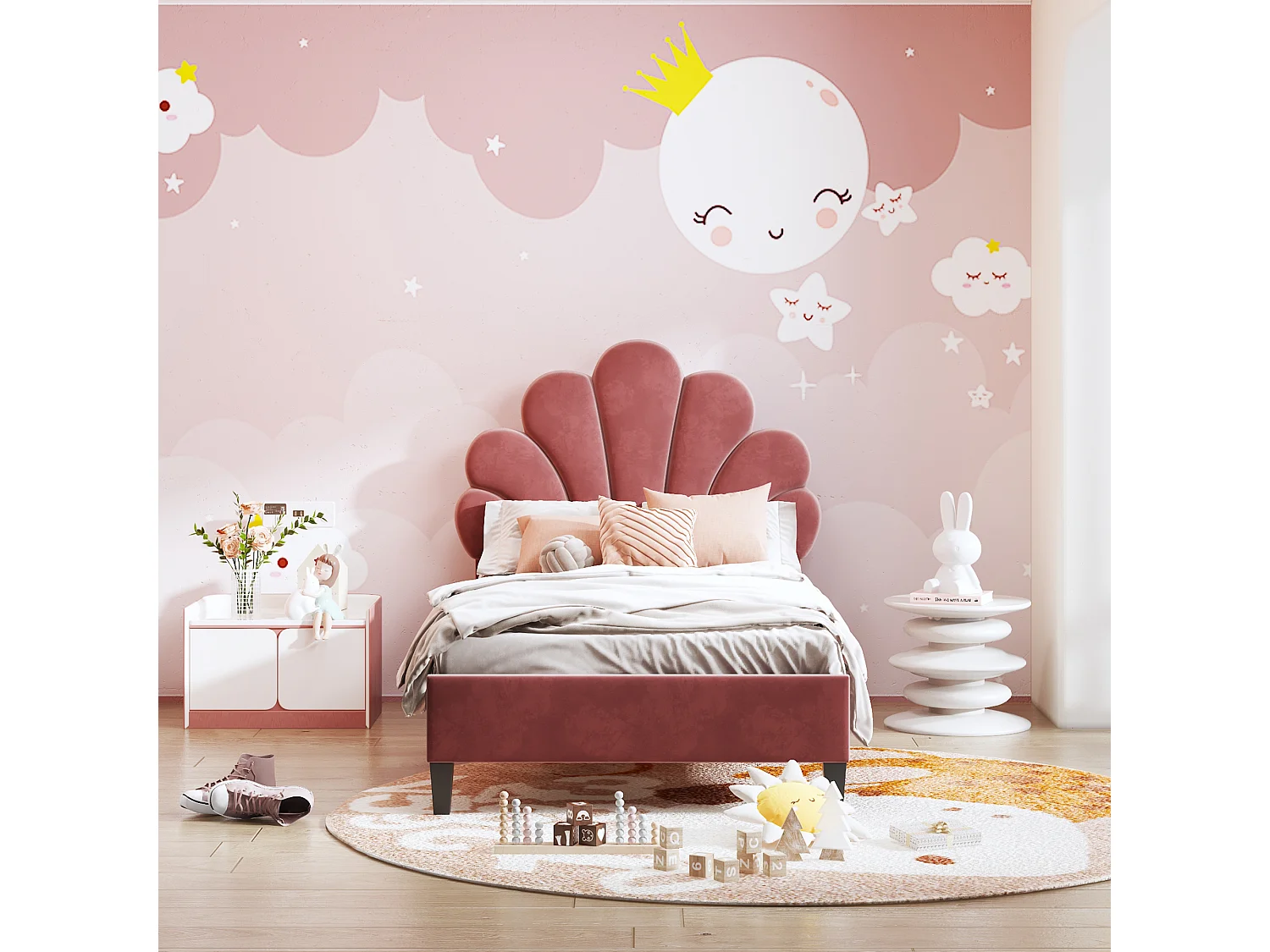 Cama infantil 90x200 cm, estructura con cabecero en forma de flor, en suave terciopelo, color rojo frijol (207,5x95x107,5 cm)