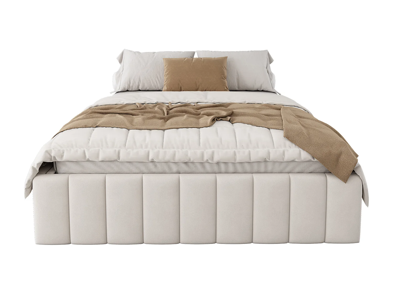 Cama 140x200 cm con estructura, diseño minimalista, Terciopelo, Beige, con láminas (218x149x35 cm)