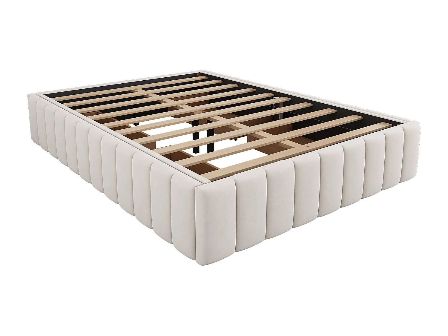 Cama 140x200 cm con estructura, diseño minimalista, Terciopelo, Beige, con láminas (218x149x35 cm)