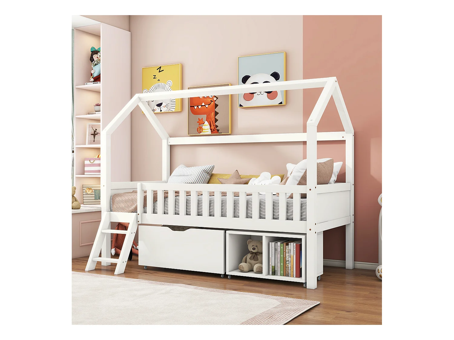 Letto per bambini a forma di casa, con cassetti e ripiani, in legno massello, bianco (200x90 cm)