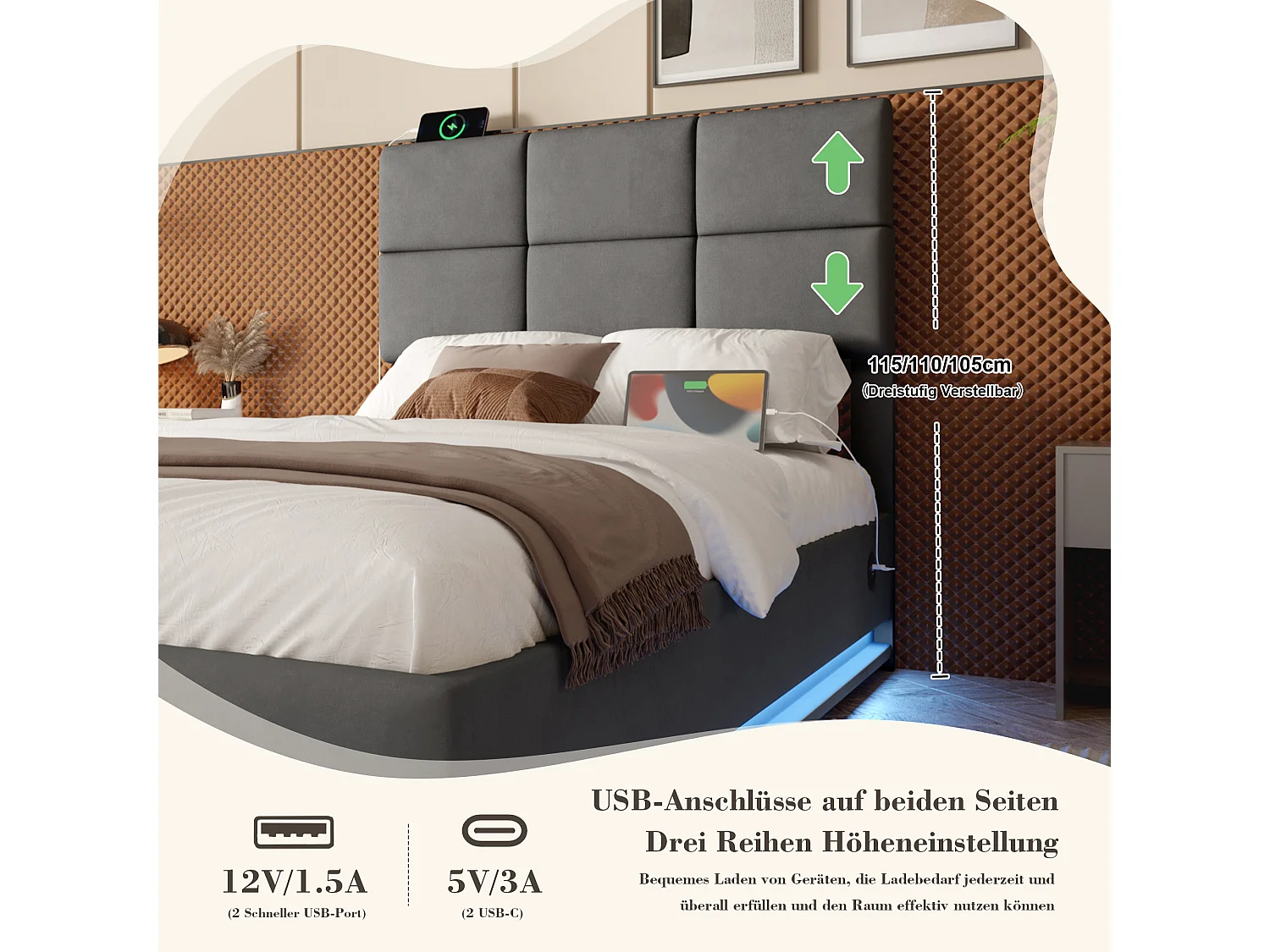 Modern bed 90x200 cm met verstelbaar hoofdeinde, USB Type-C, sfeer-LED, hydraulisch systeem en grote opbergruimte (92x206x105-115 cm)