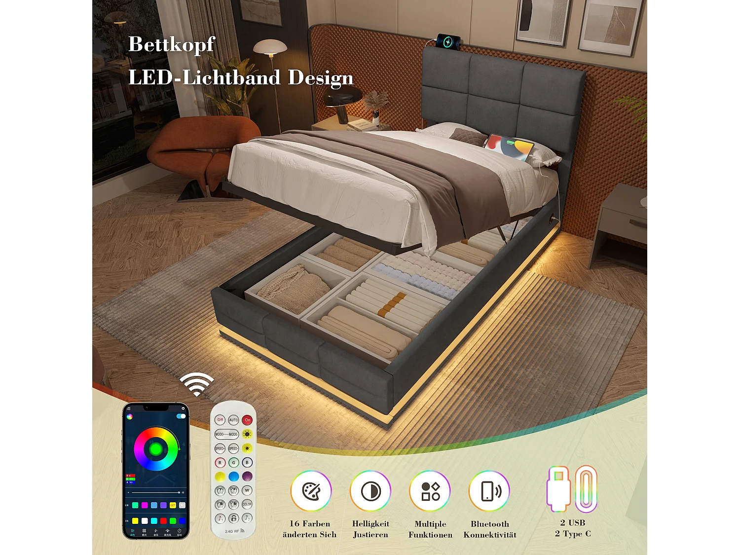 Modern bed 90x200 cm met verstelbaar hoofdeinde, USB Type-C, sfeer-LED, hydraulisch systeem en grote opbergruimte (92x206x105-115 cm)