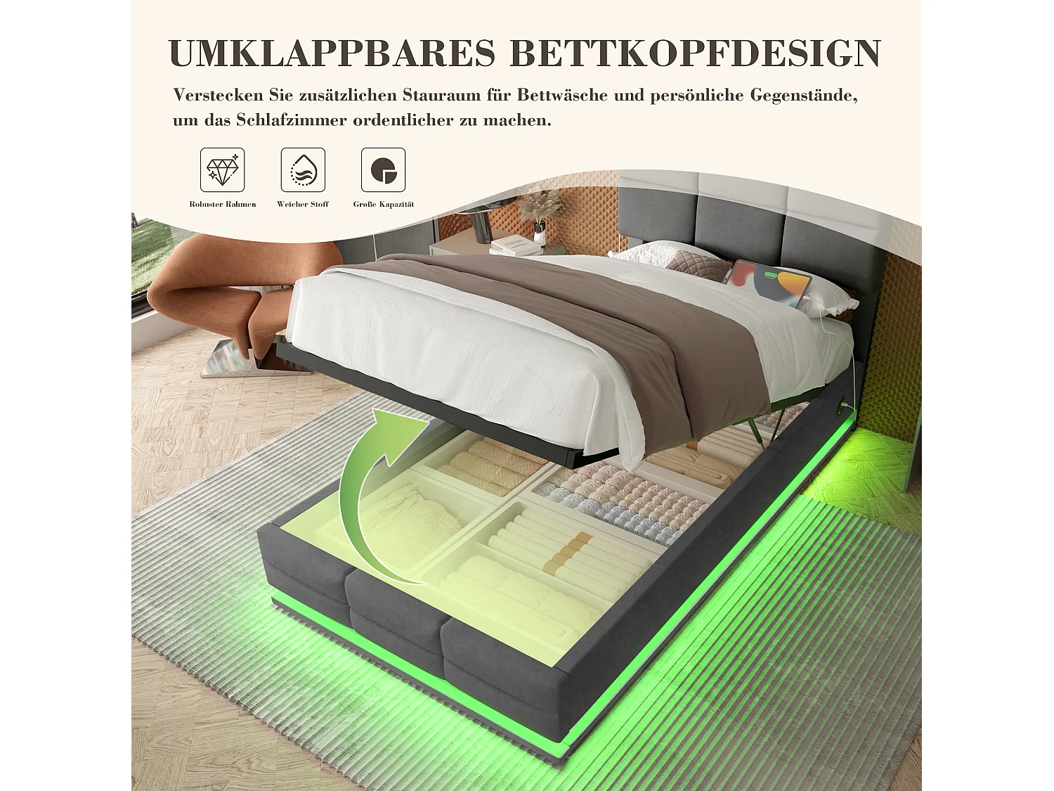 Modern bed 90x200 cm met verstelbaar hoofdeinde, USB Type-C, sfeer-LED, hydraulisch systeem en grote opbergruimte (92x206x105-115 cm)