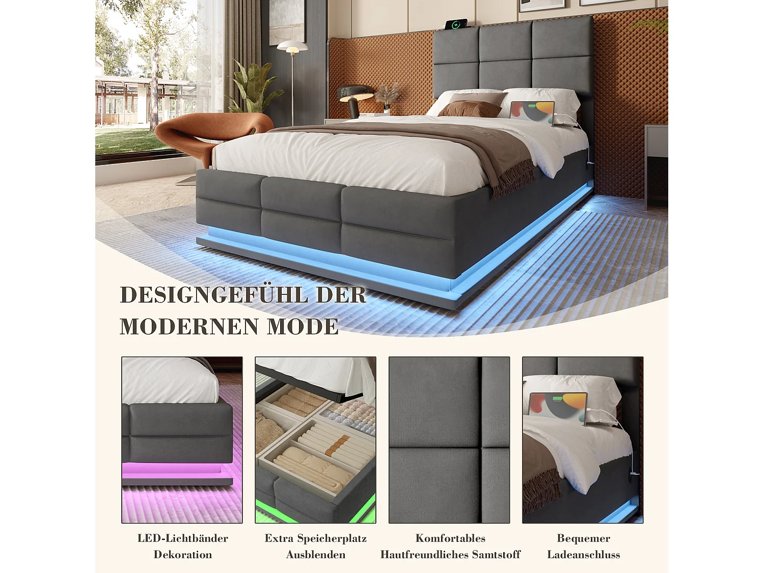 Modern bed 90x200 cm met verstelbaar hoofdeinde, USB Type-C, sfeer-LED, hydraulisch systeem en grote opbergruimte (92x206x105-115 cm)