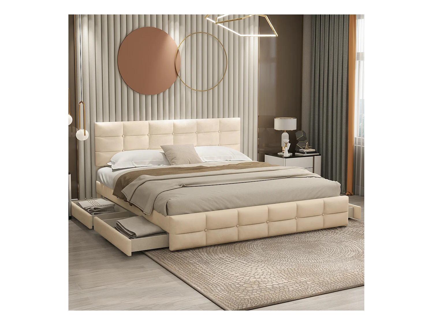 Letto 180 x 200 cm con 4 cassetti contenitore, testiera e rete a doghe, tessuto velluto beige (203 x 183,5 x 97,5 cm)