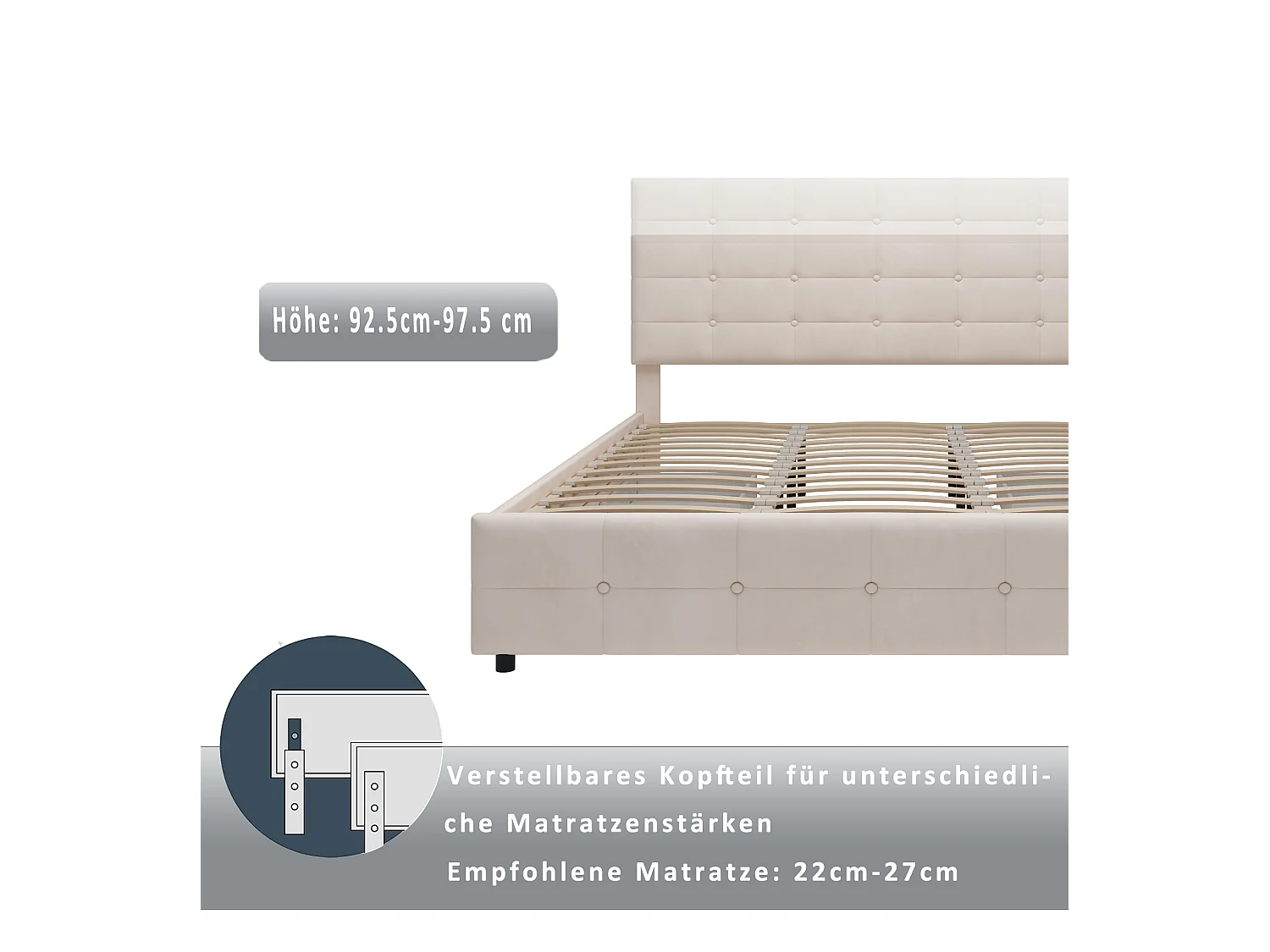 Letto 180 x 200 cm con 4 cassetti contenitore, testiera e rete a doghe, tessuto velluto beige (203 x 183,5 x 97,5 cm)