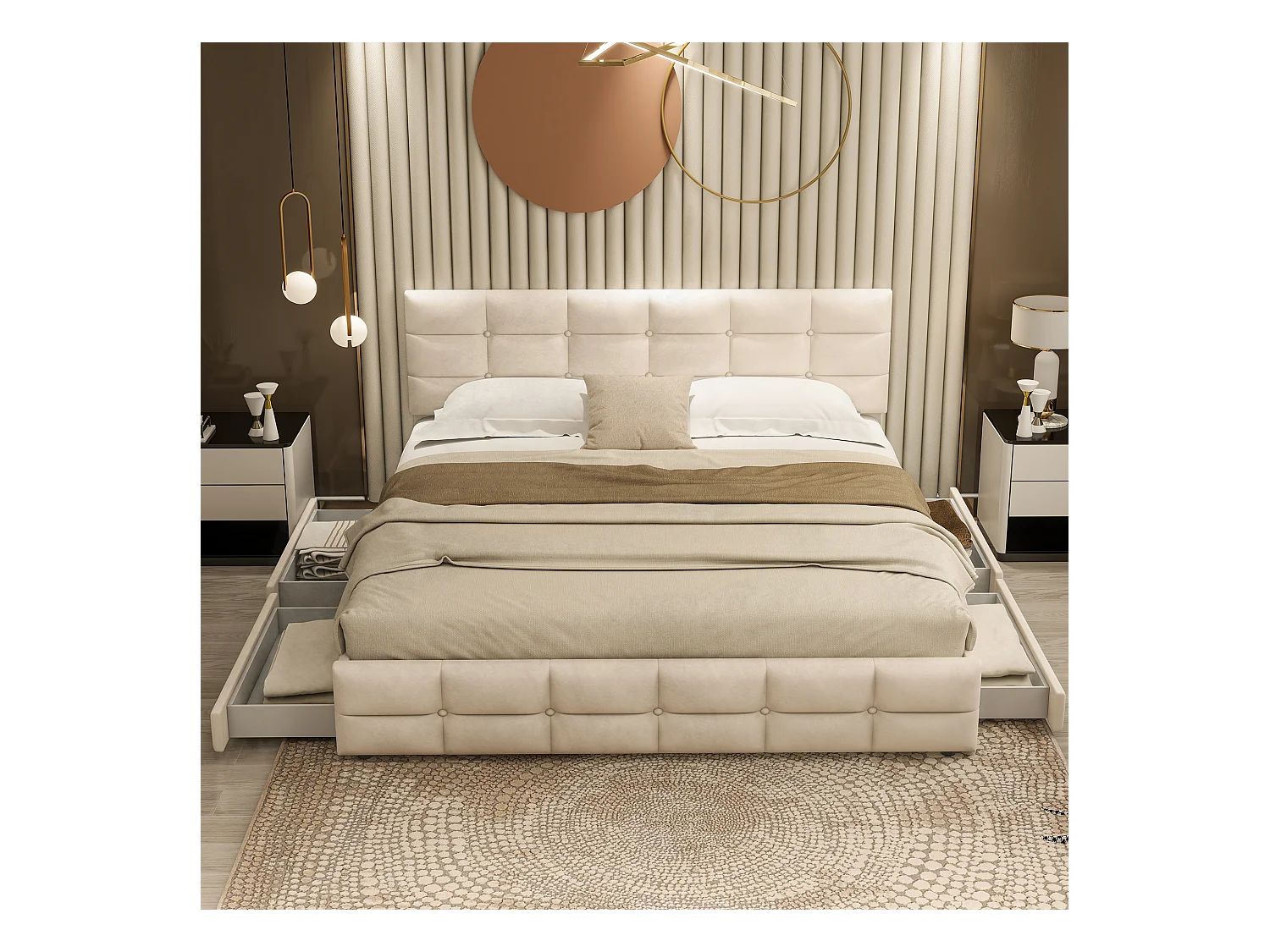 Letto 180 x 200 cm con 4 cassetti contenitore, testiera e rete a doghe, tessuto velluto beige (203 x 183,5 x 97,5 cm)