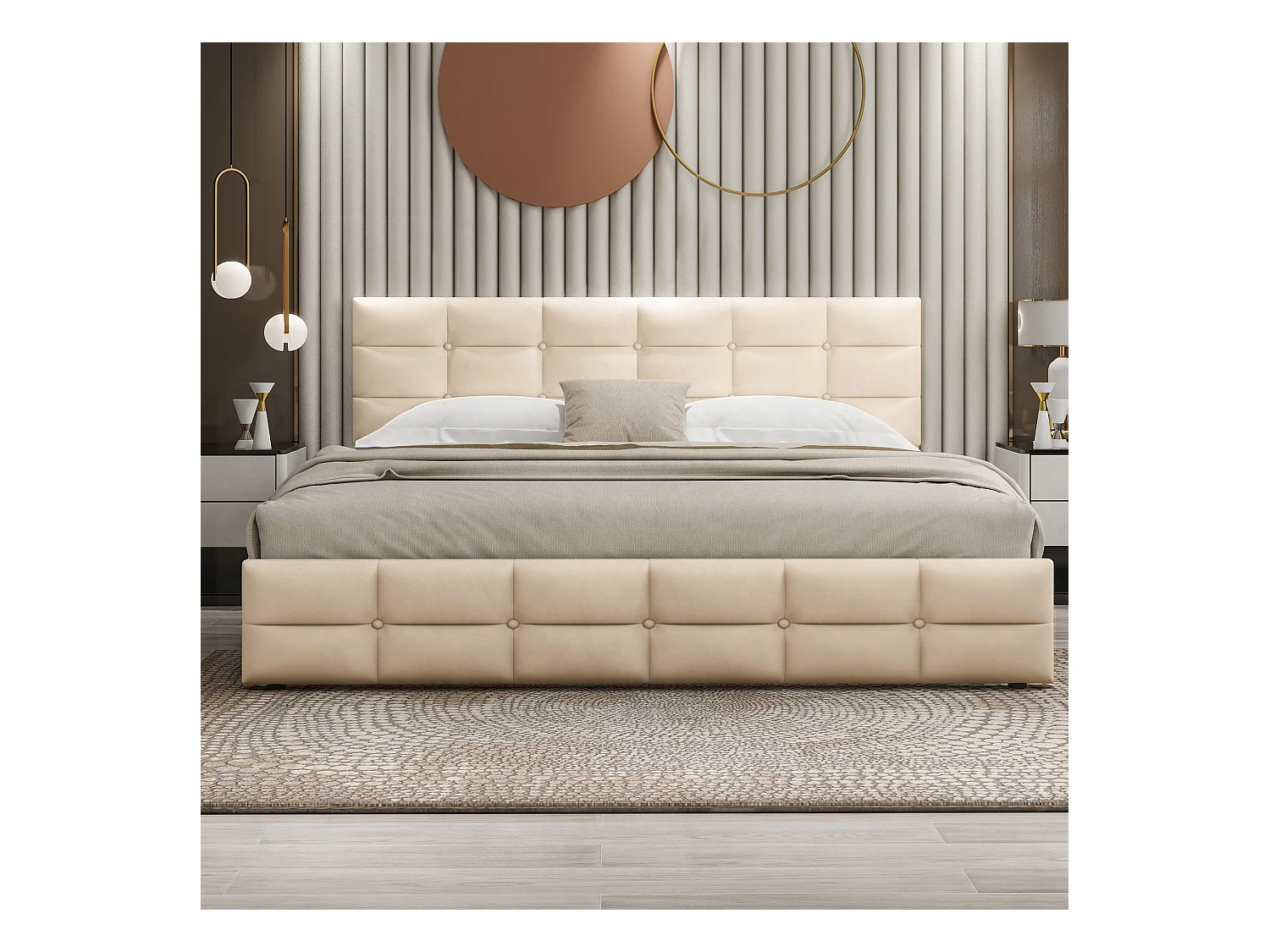 Letto 180 x 200 cm con 4 cassetti contenitore, testiera e rete a doghe, tessuto velluto beige (203 x 183,5 x 97,5 cm)